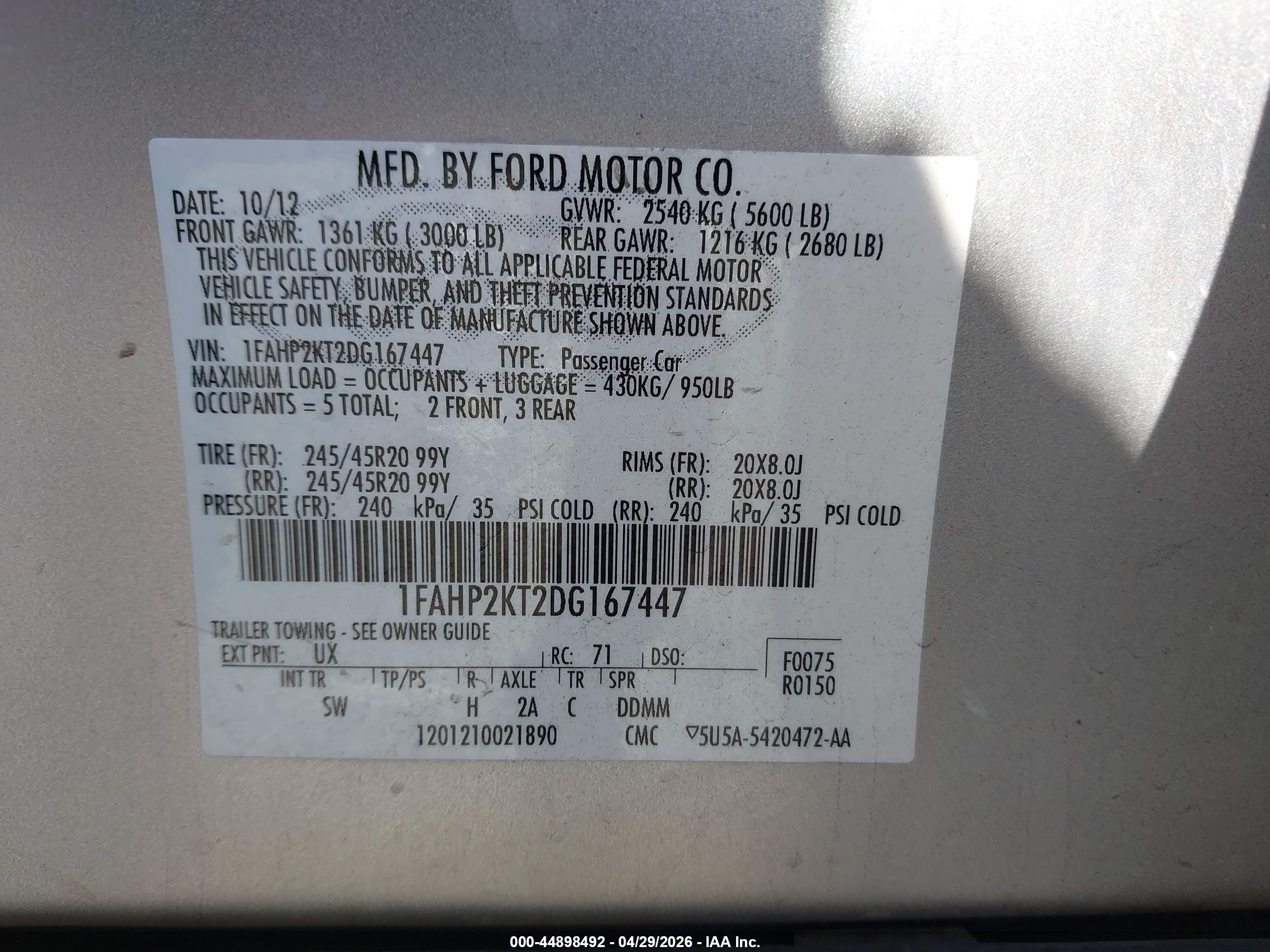2013 Ford Taurus Sho Silver vin: 1FAHP2KT2DG167447