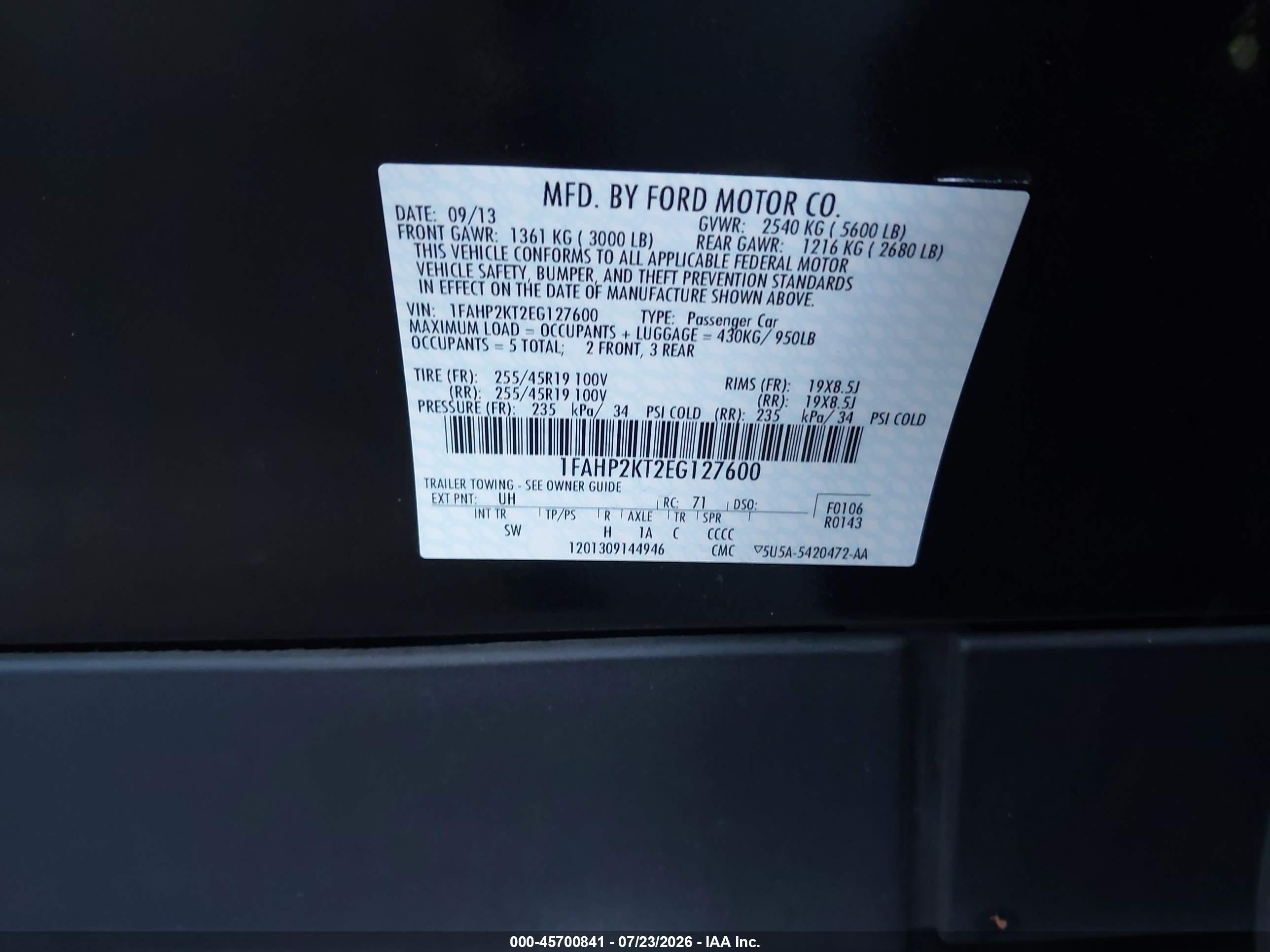 2014 Ford Taurus Sho Black vin: 1FAHP2KT2EG127600