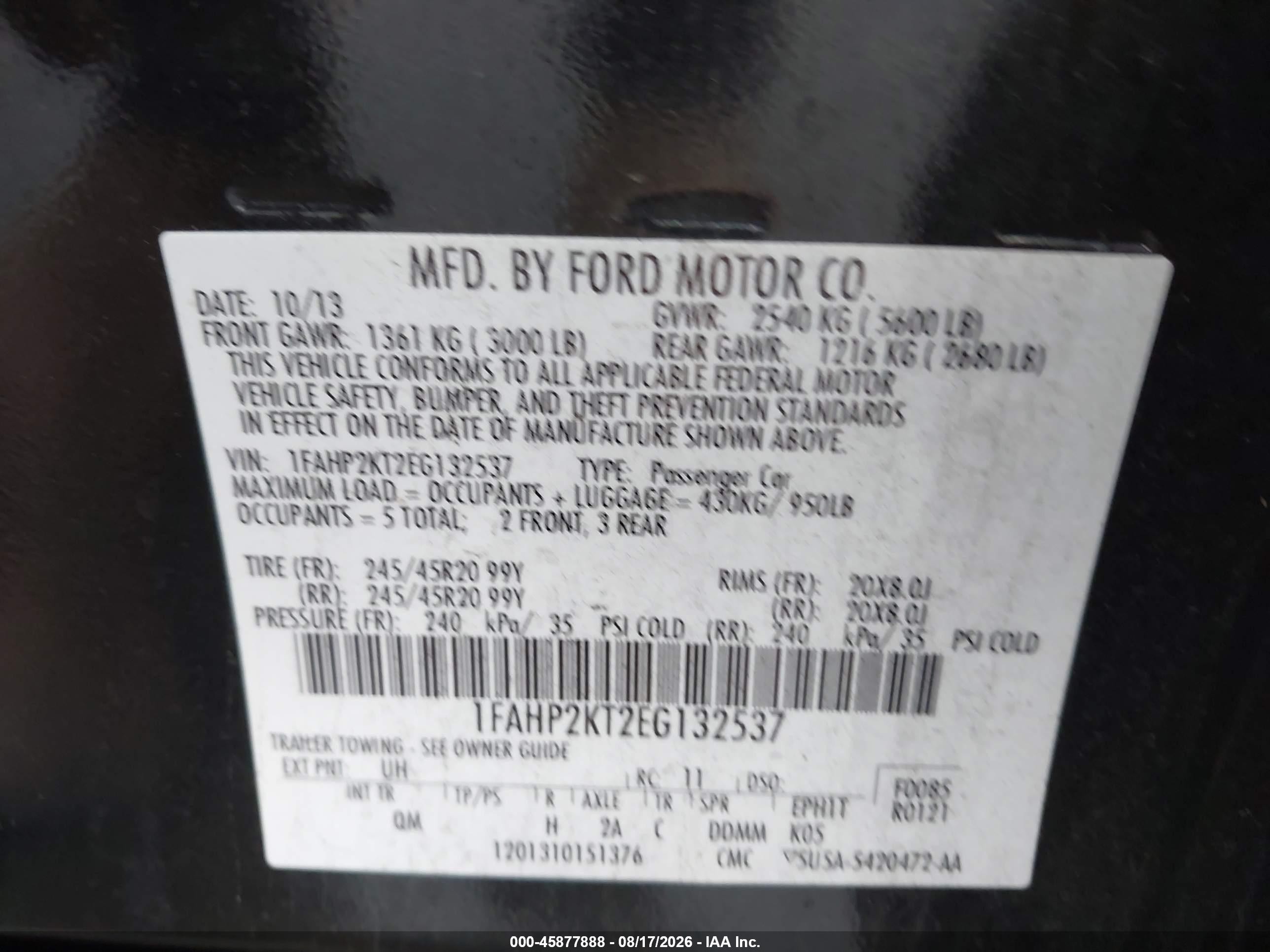 2014 Ford Taurus Sho Black vin: 1FAHP2KT2EG132537