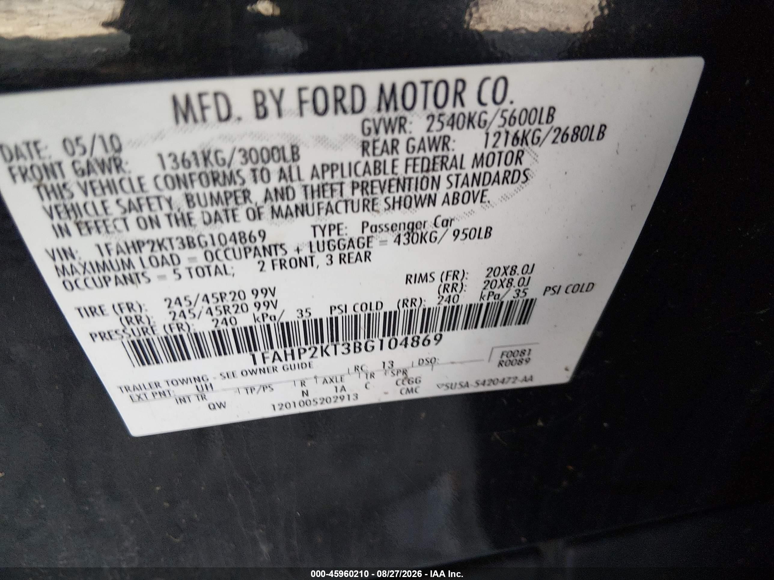 2011 Ford Taurus Sho Black vin: 1FAHP2KT3BG104869