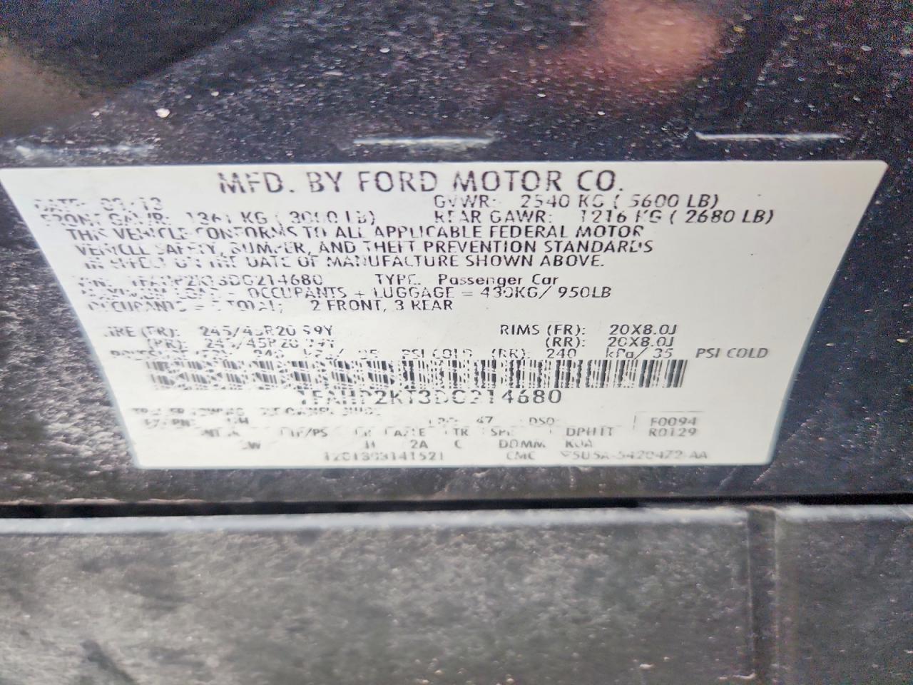 2013 Ford Taurus Sho Black vin: 1FAHP2KT3DG214680