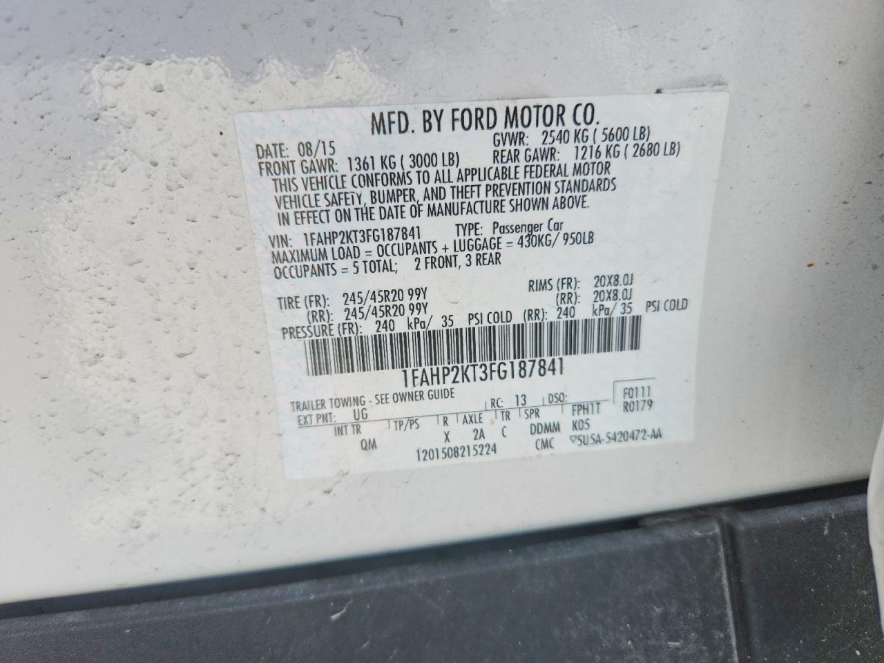 2015 Ford Taurus Sho White vin: 1FAHP2KT3FG187841