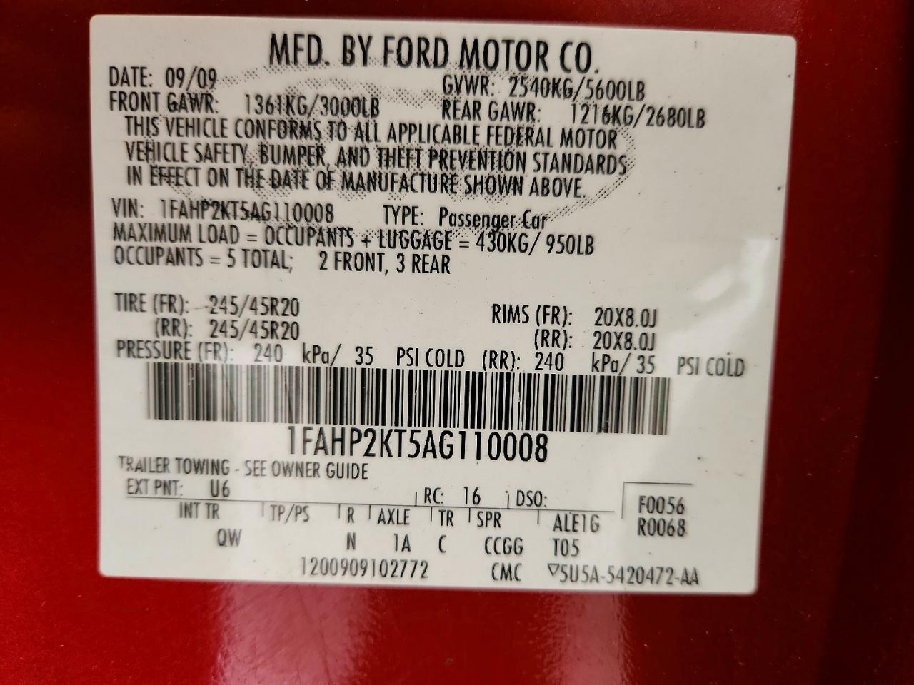 2010 Ford Taurus Sho Red vin: 1FAHP2KT5AG110008