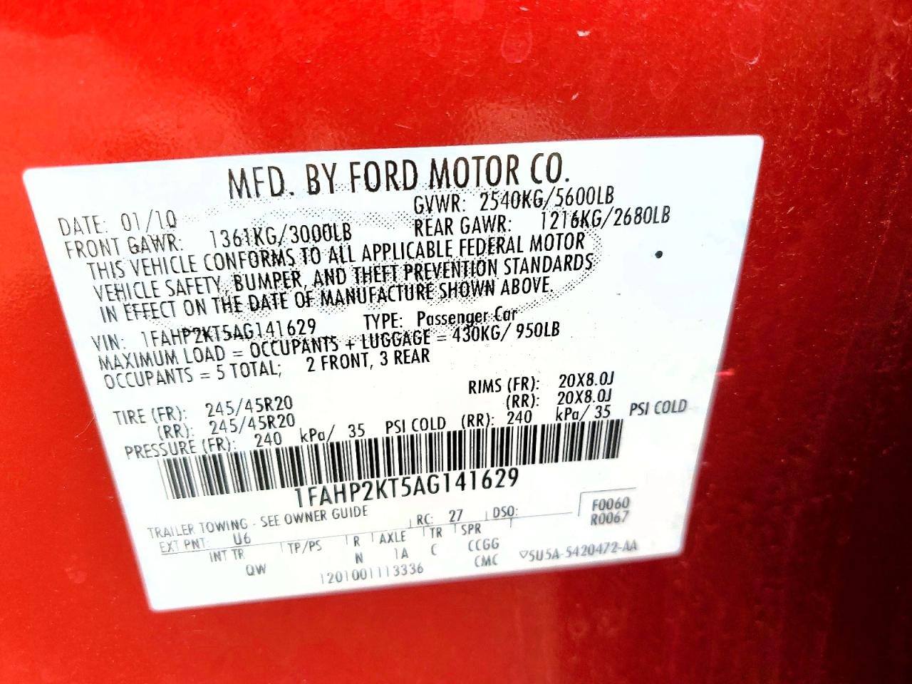 2010 Ford Taurus Sho Red vin: 1FAHP2KT5AG141629