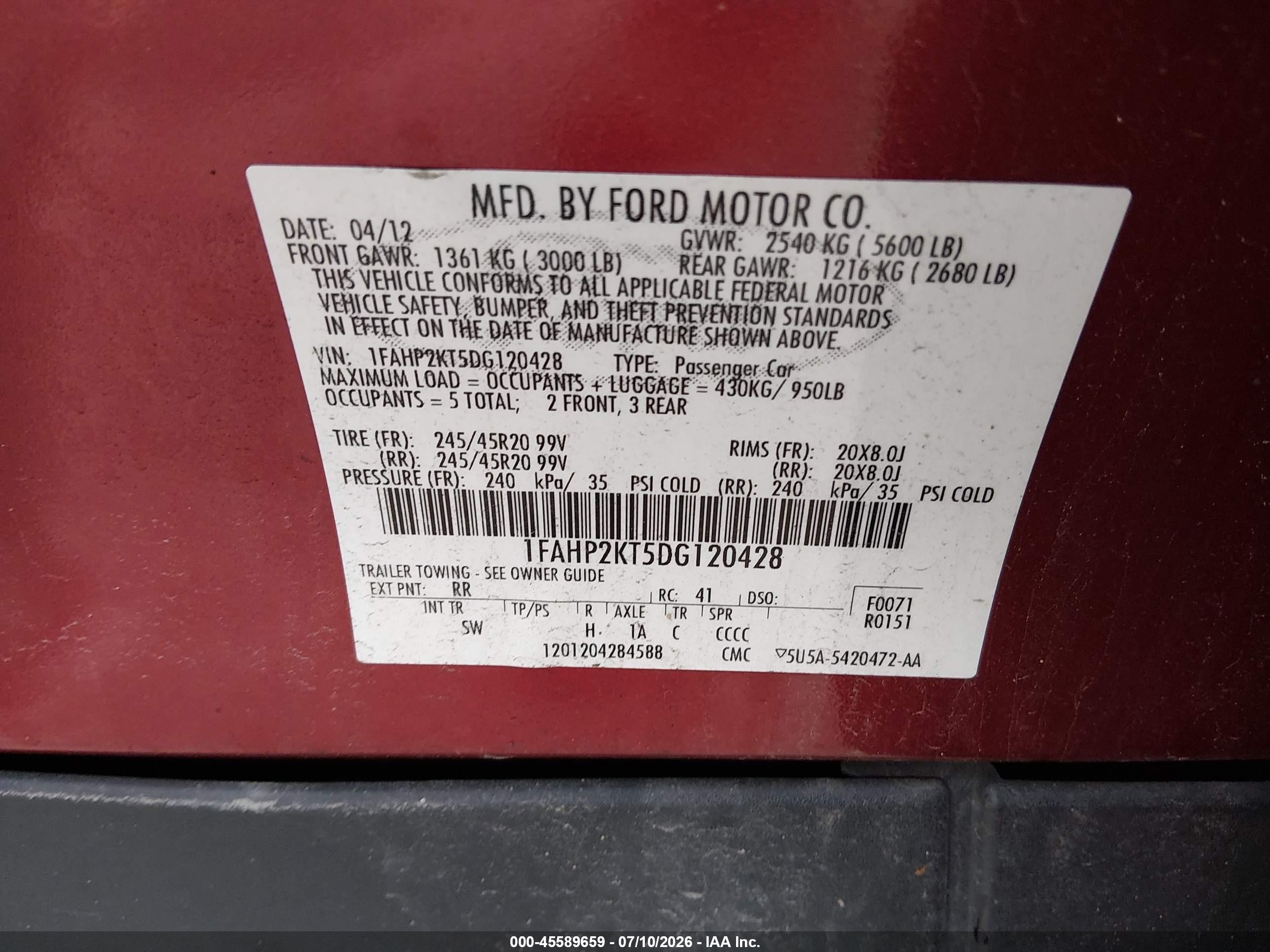 2013 Ford Taurus Sho Red vin: 1FAHP2KT5DG120428