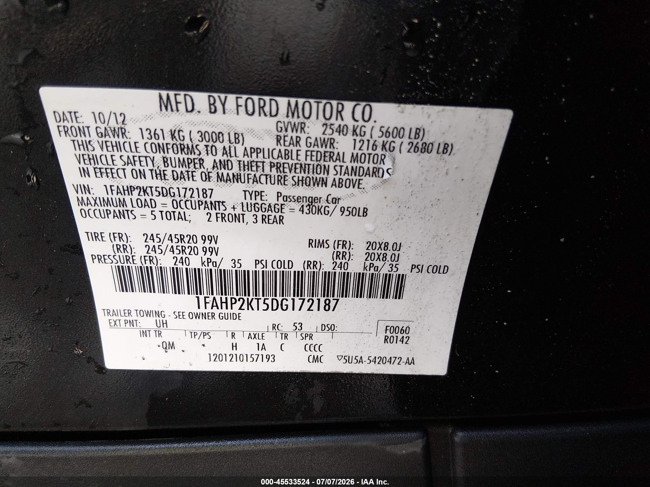 2013 Ford Taurus Sho Черный vin: 1FAHP2KT5DG172187