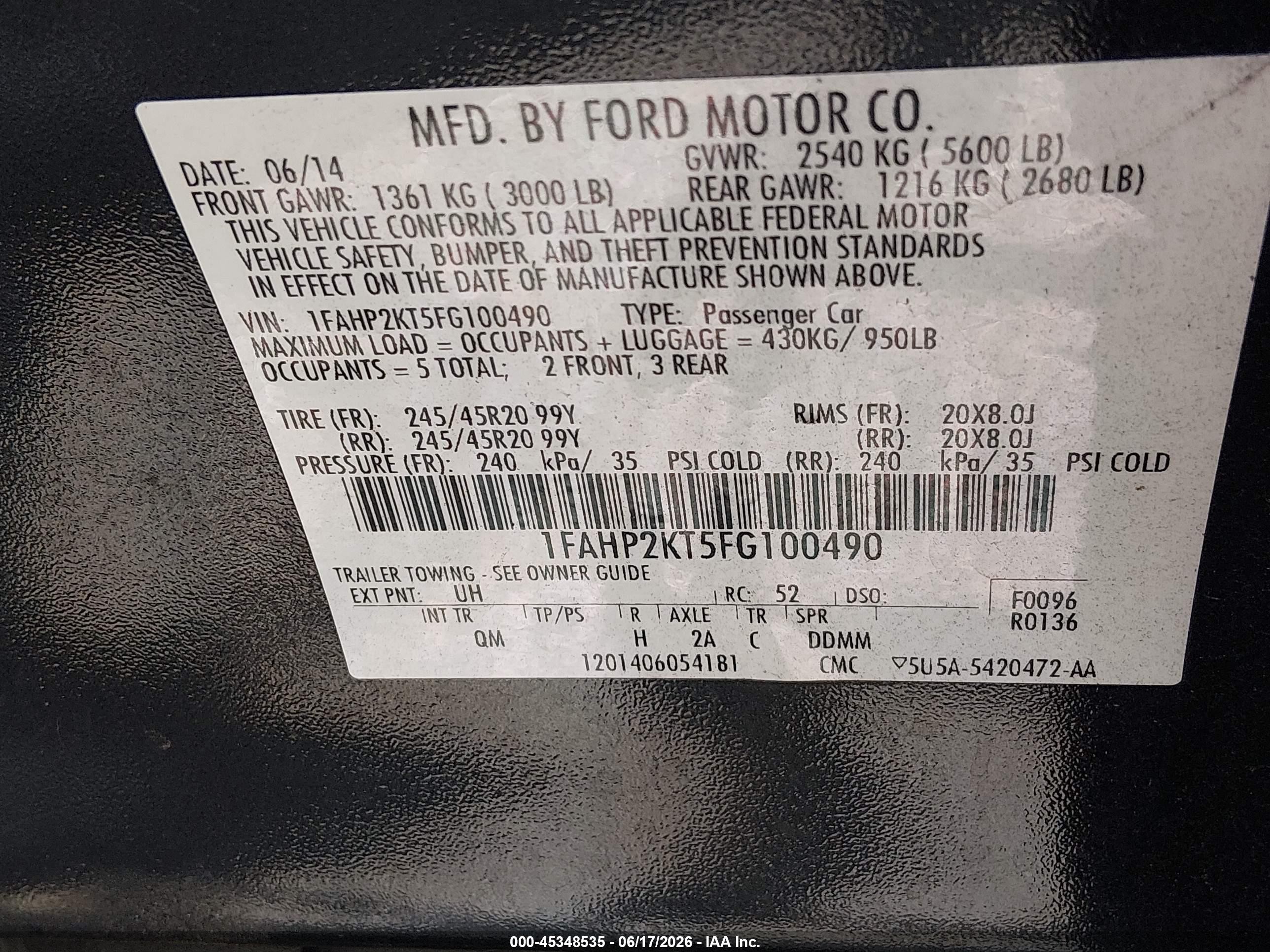 2015 Ford Taurus Sho Black vin: 1FAHP2KT5FG100490