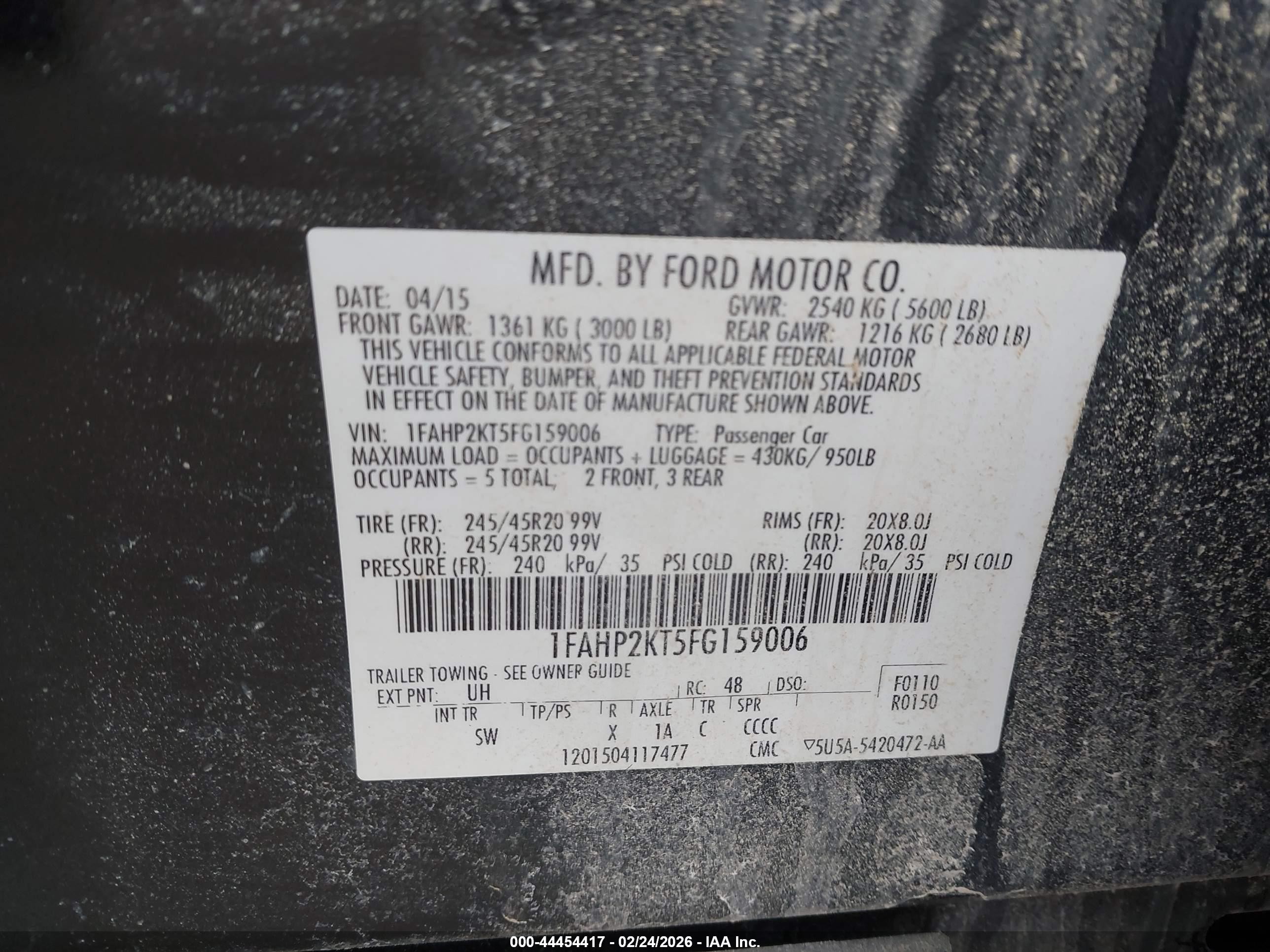 2015 Ford Taurus Sho Black vin: 1FAHP2KT5FG159006