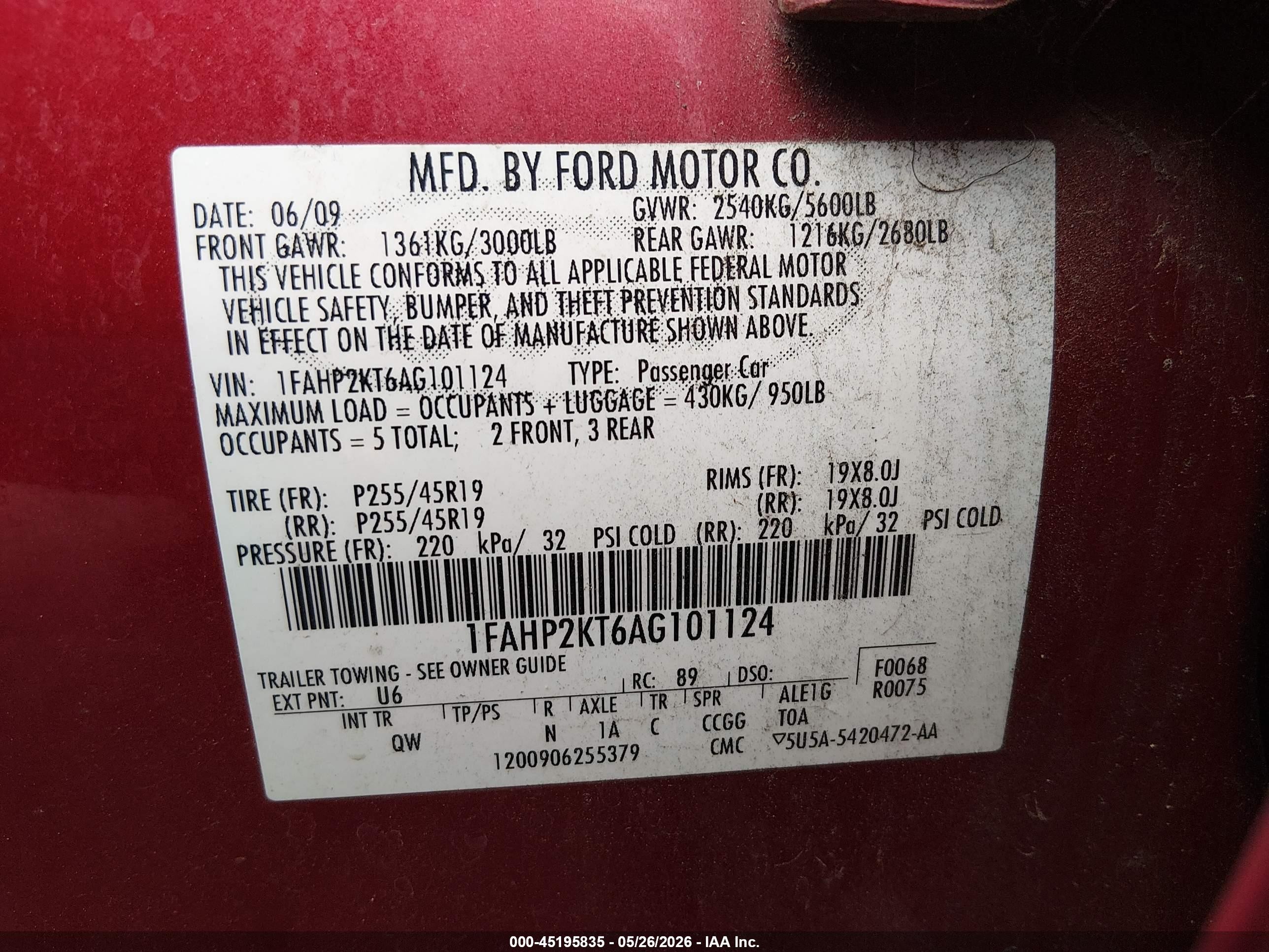 2010 Ford Taurus Sho Red vin: 1FAHP2KT6AG101124