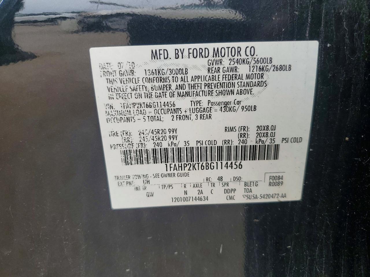 2011 Ford Taurus Sho Black vin: 1FAHP2KT6BG114456