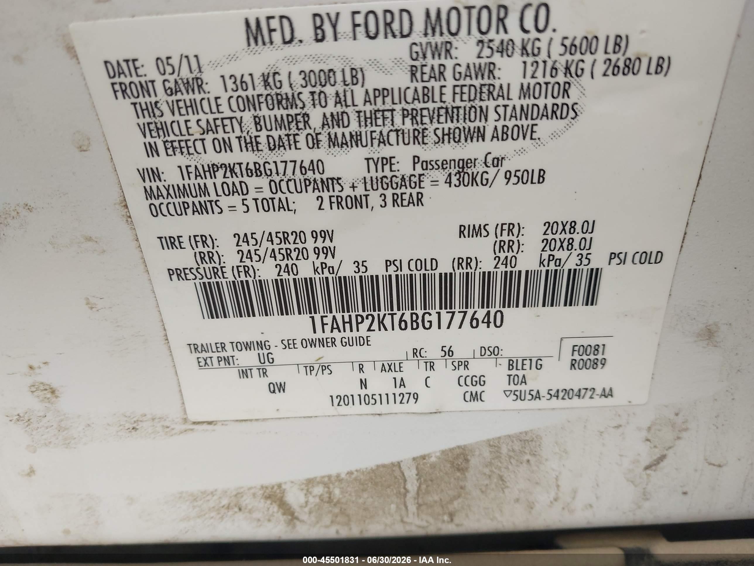 2011 Ford Taurus Sho Белый vin: 1FAHP2KT6BG177640