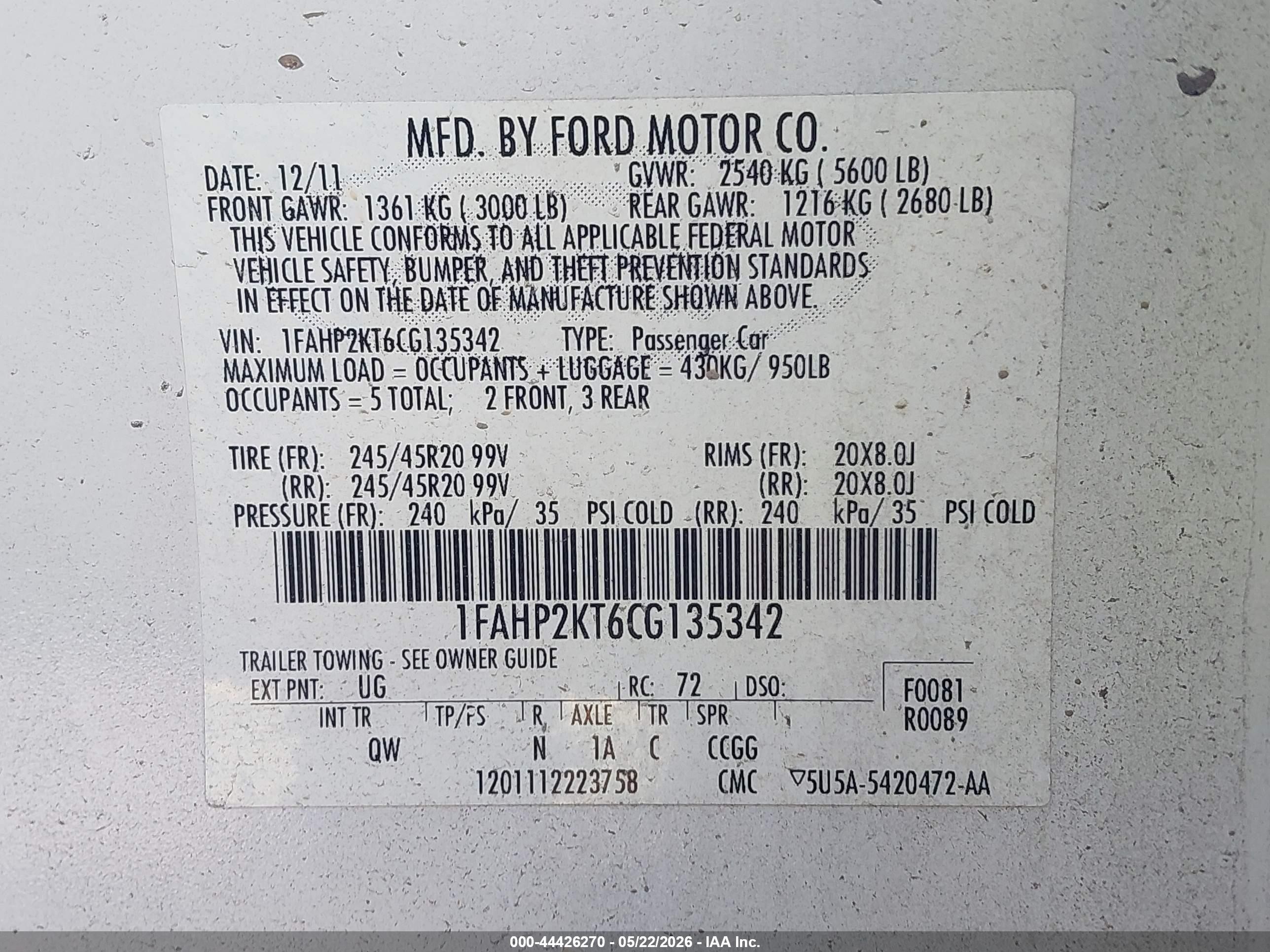 2012 Ford Taurus Sho White vin: 1FAHP2KT6CG135342
