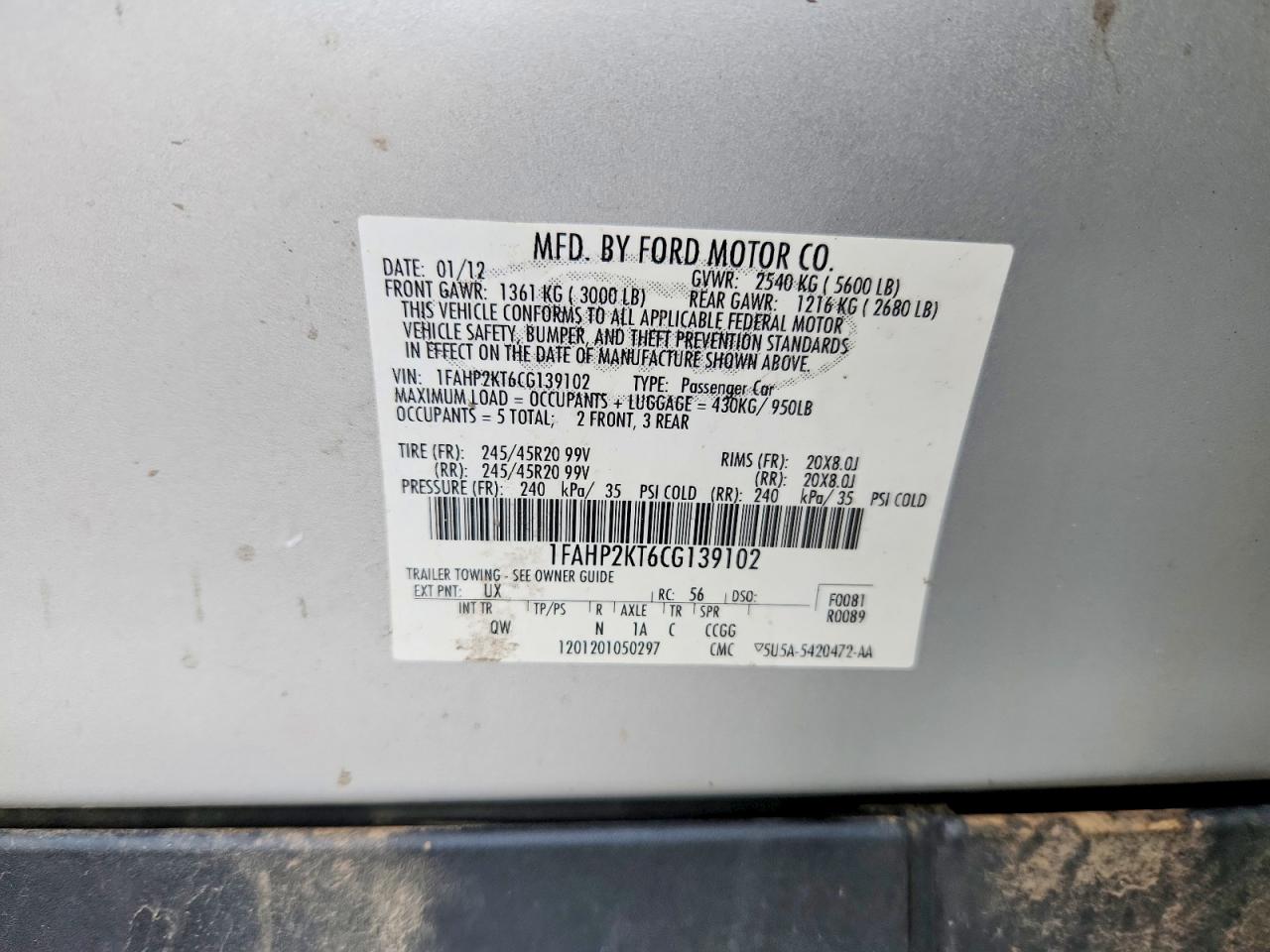 2012 Ford Taurus Sho Silver vin: 1FAHP2KT6CG139102