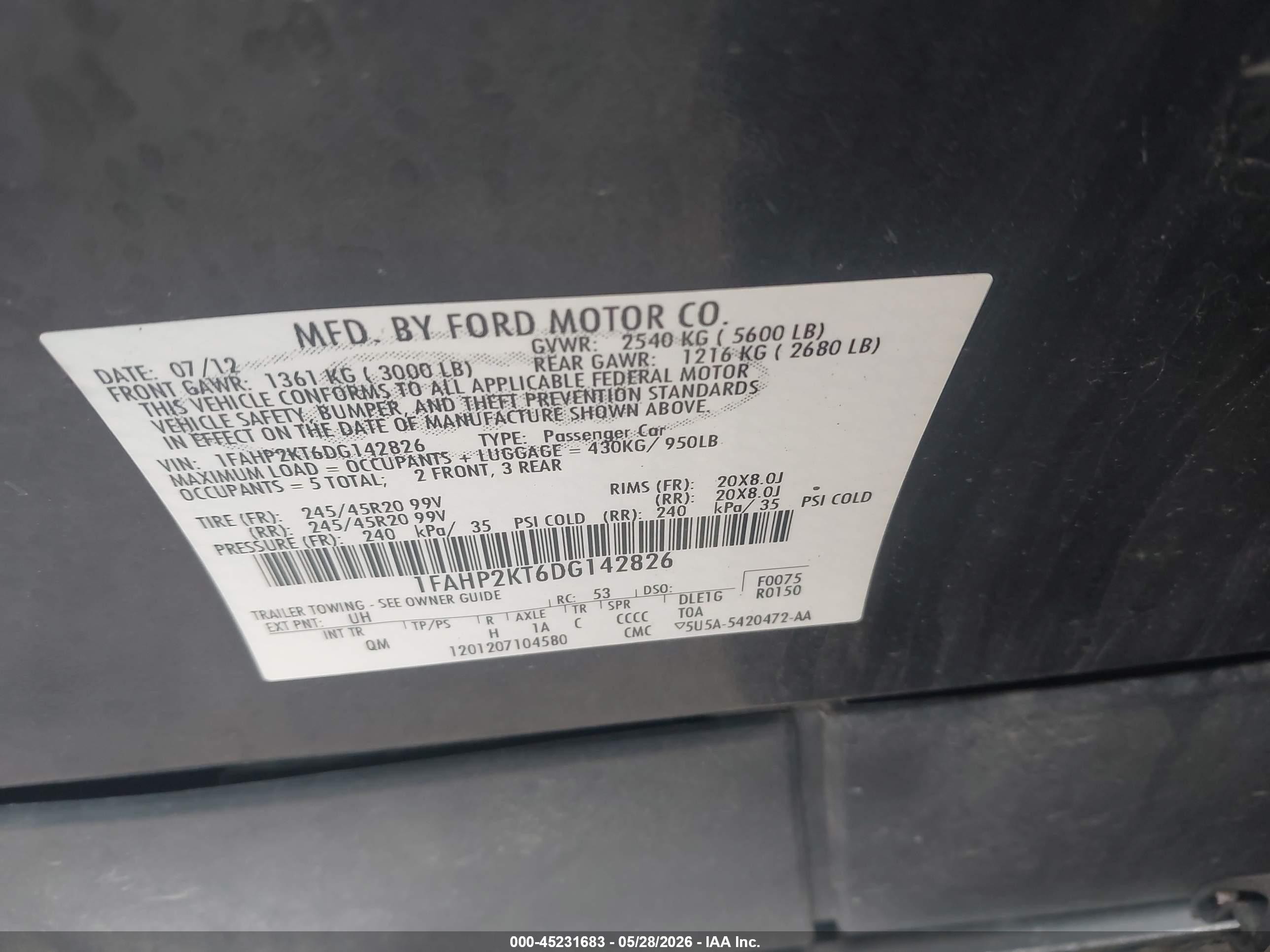 2013 Ford Taurus Sho Black vin: 1FAHP2KT6DG142826