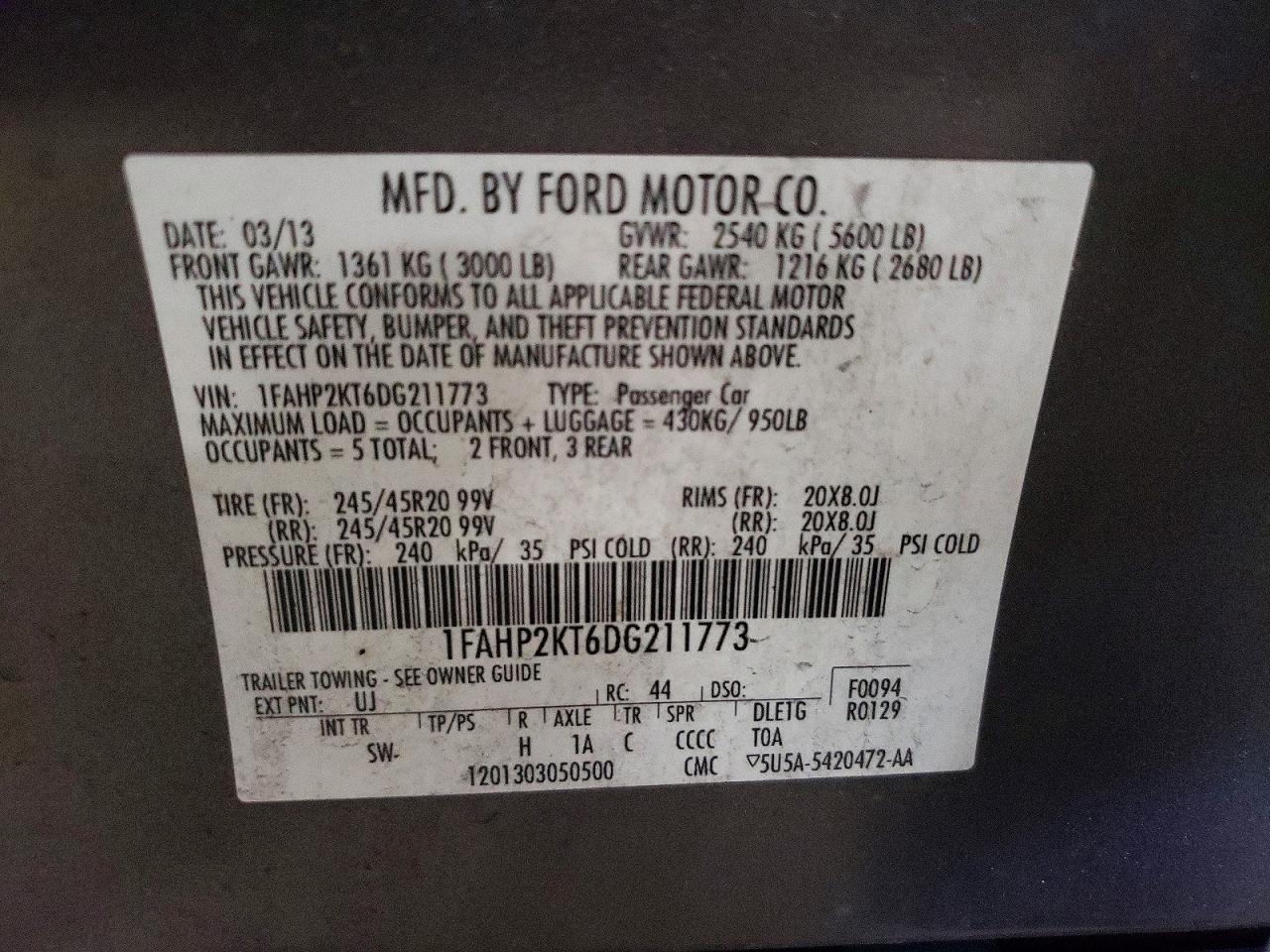 2013 Ford Taurus Sho Gray vin: 1FAHP2KT6DG211773
