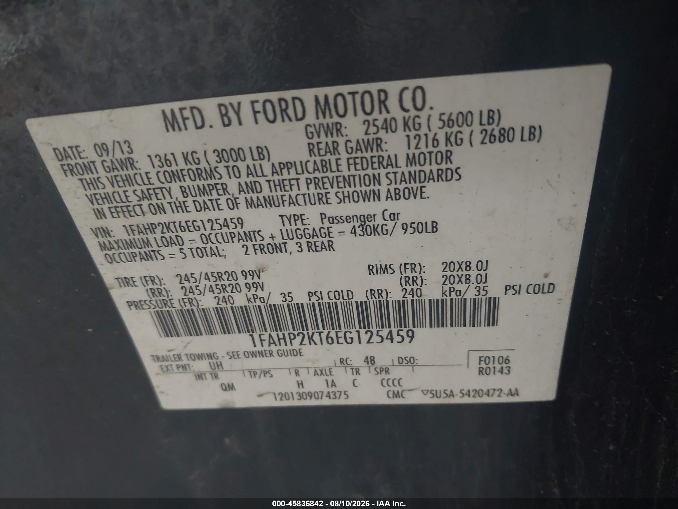 2014 Ford Taurus Sho Black vin: 1FAHP2KT6EG125459