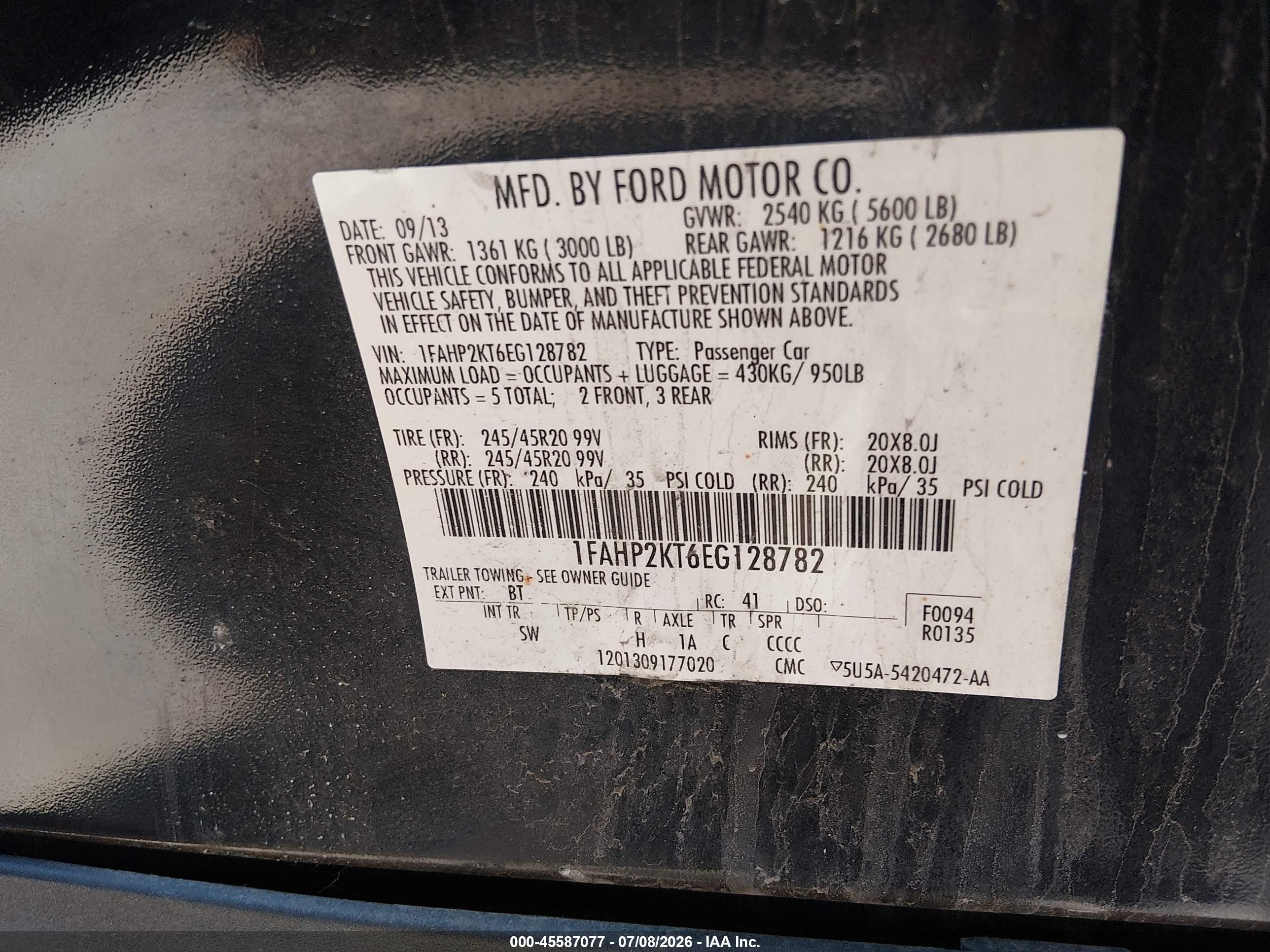 2014 Ford Taurus Sho Black vin: 1FAHP2KT6EG128782