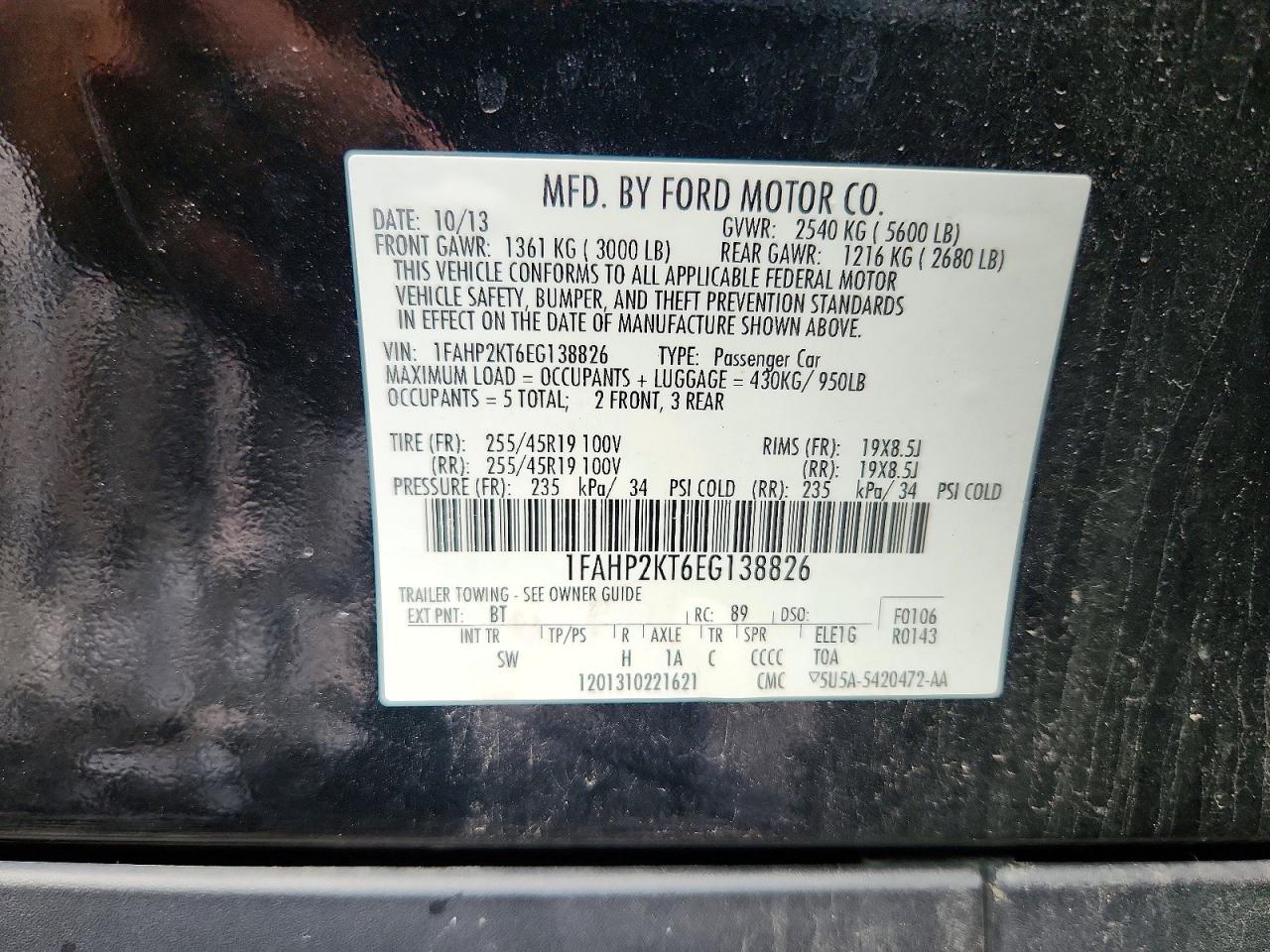 2014 Ford Taurus Sho Black vin: 1FAHP2KT6EG138826