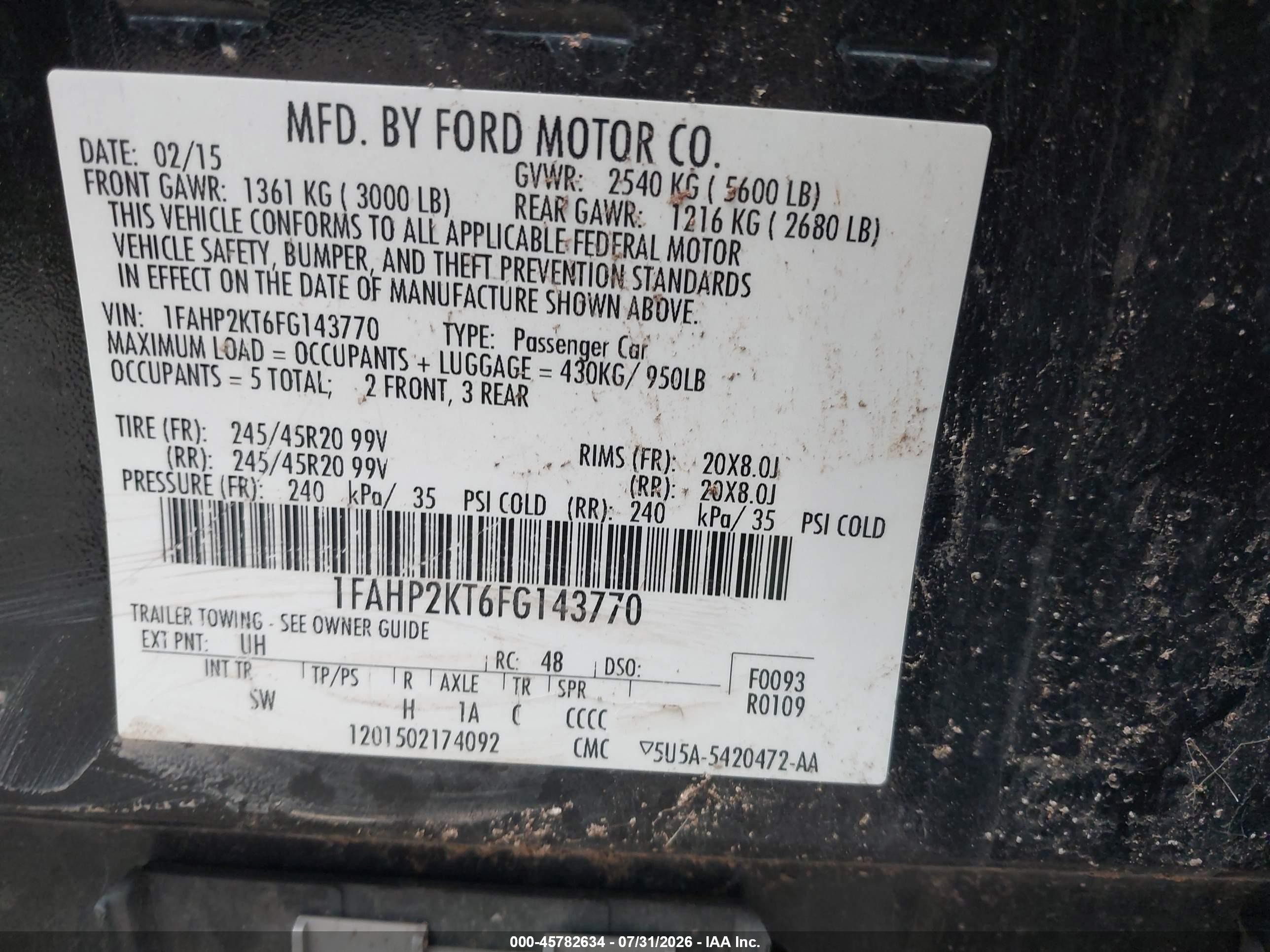 2015 Ford Taurus Sho Black vin: 1FAHP2KT6FG143770