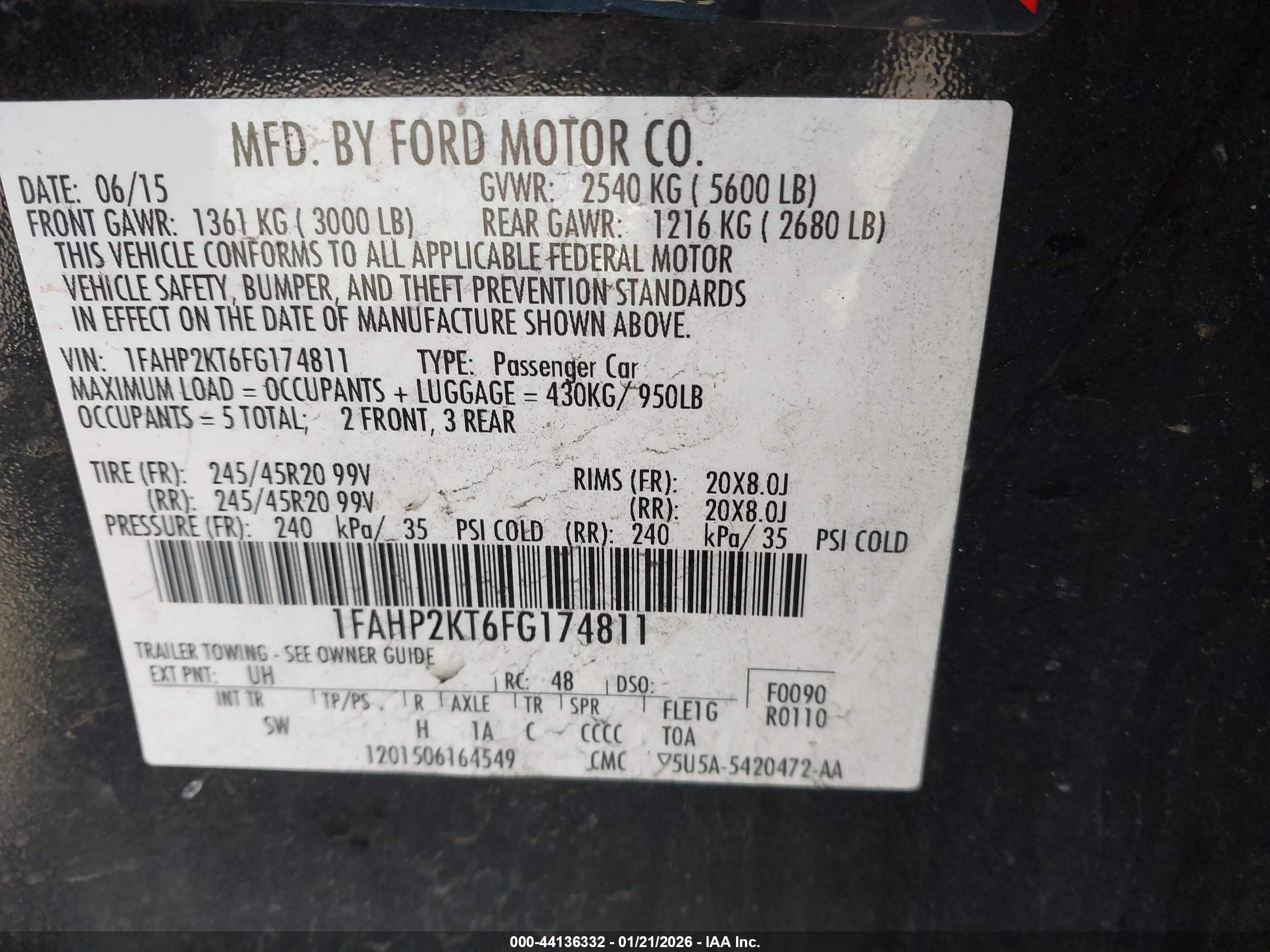 2015 Ford Taurus Sho Black vin: 1FAHP2KT6FG174811