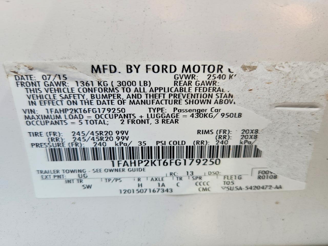 2015 Ford Taurus Sho White vin: 1FAHP2KT6FG179250