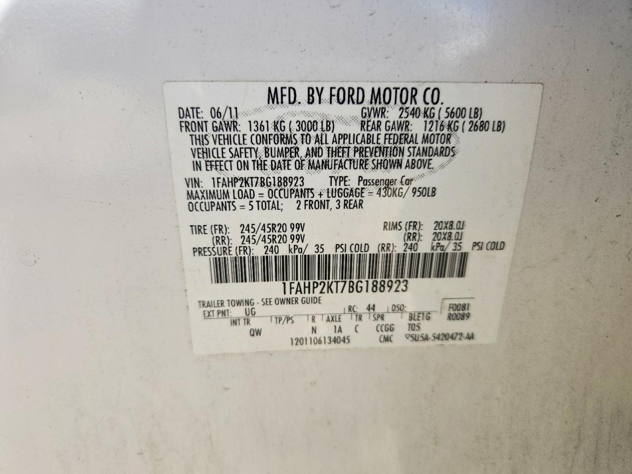 2011 Ford Taurus Sho White vin: 1FAHP2KT7BG188923