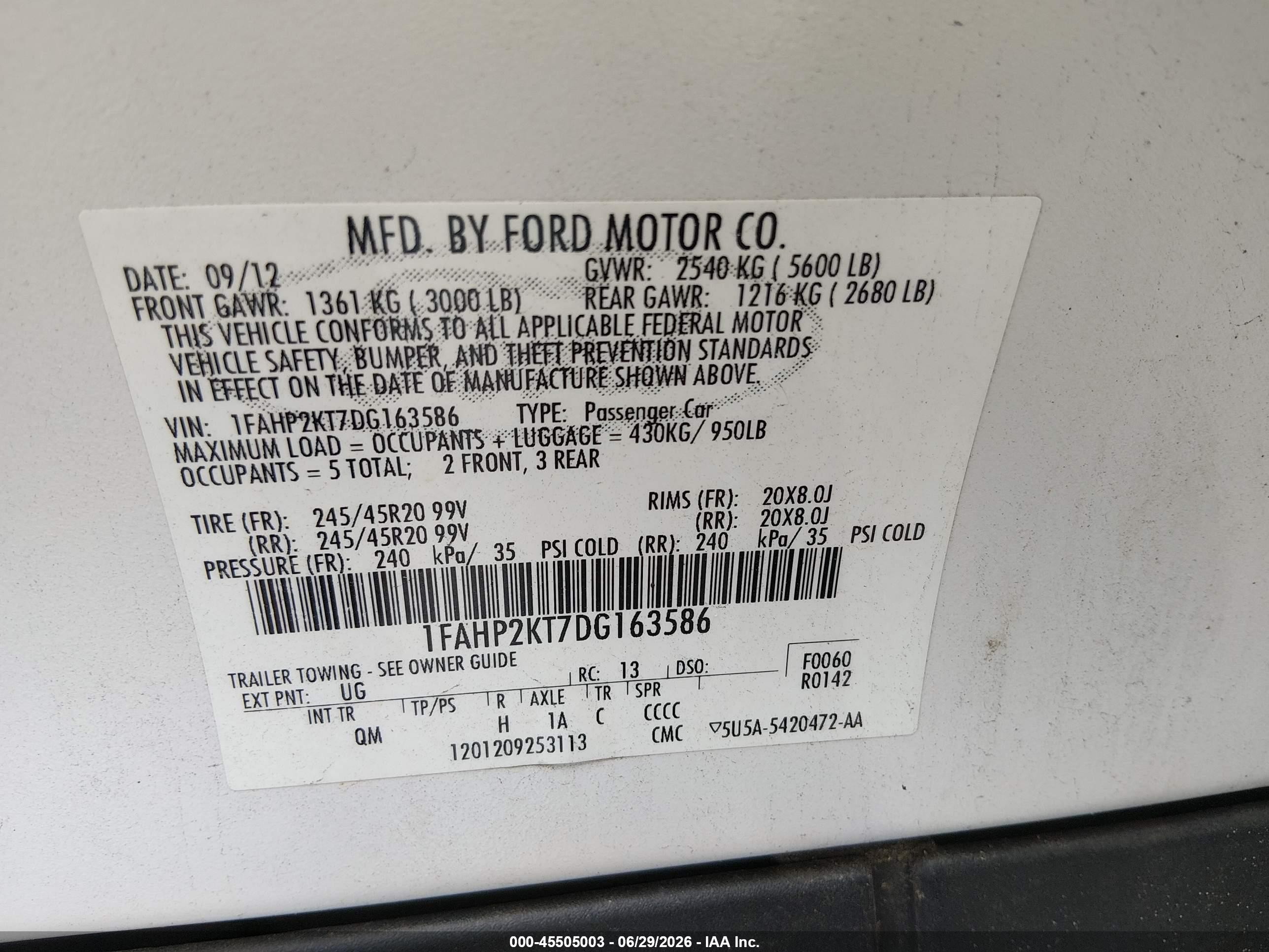 2013 Ford Taurus Sho White vin: 1FAHP2KT7DG163586