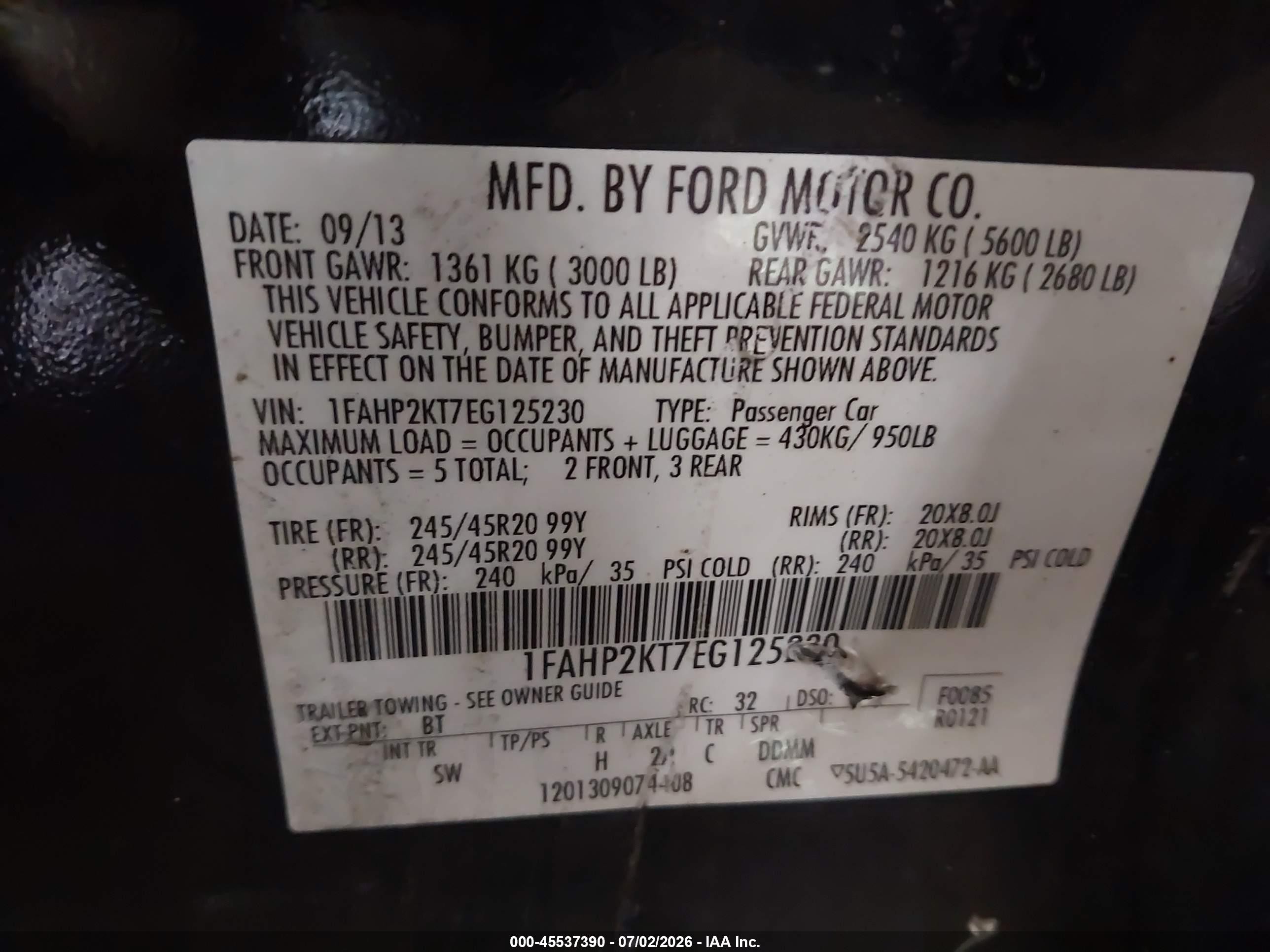 2014 Ford Taurus Sho Черный vin: 1FAHP2KT7EG125230