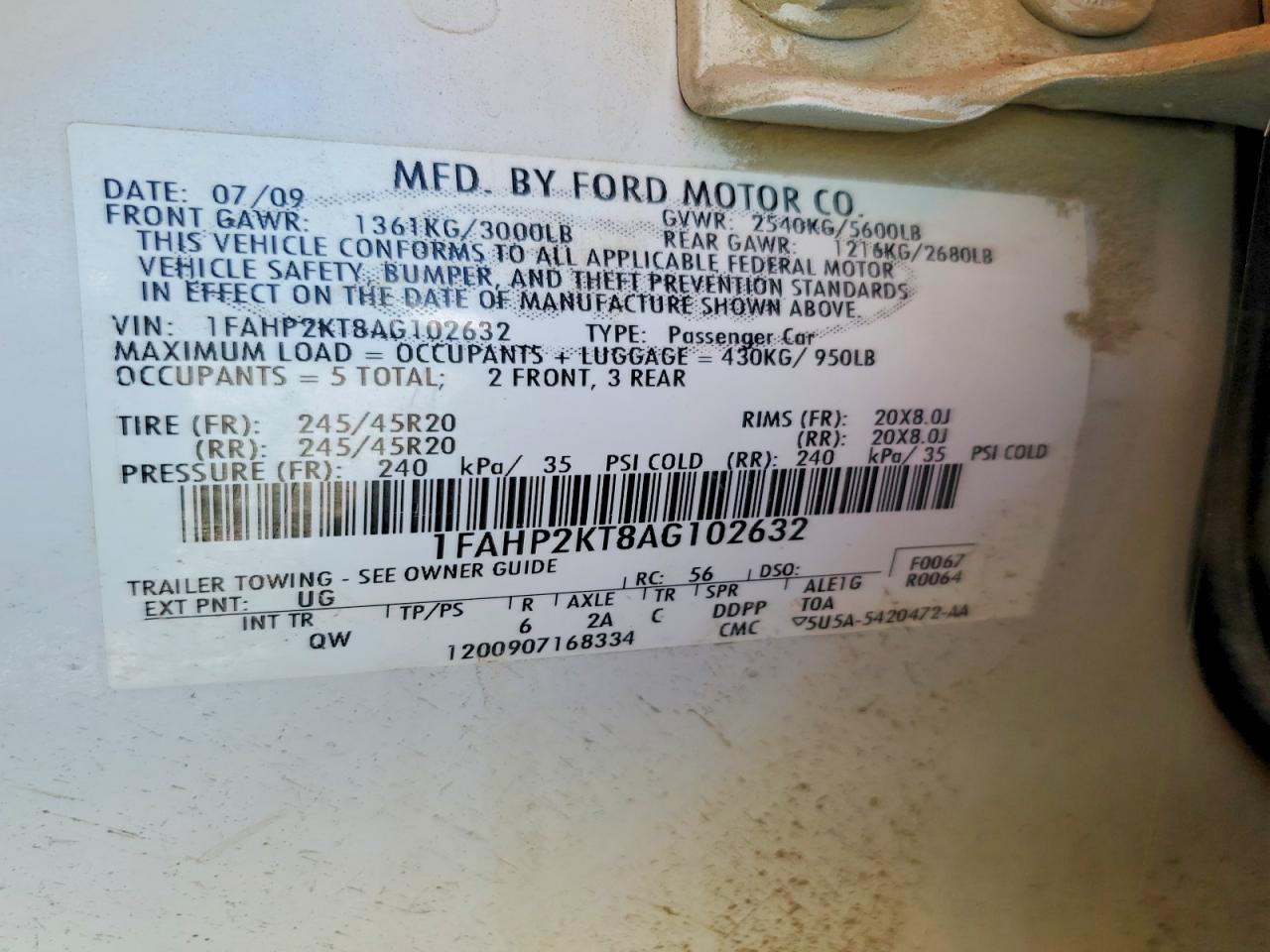 2010 Ford Taurus Sho White vin: 1FAHP2KT8AG102632