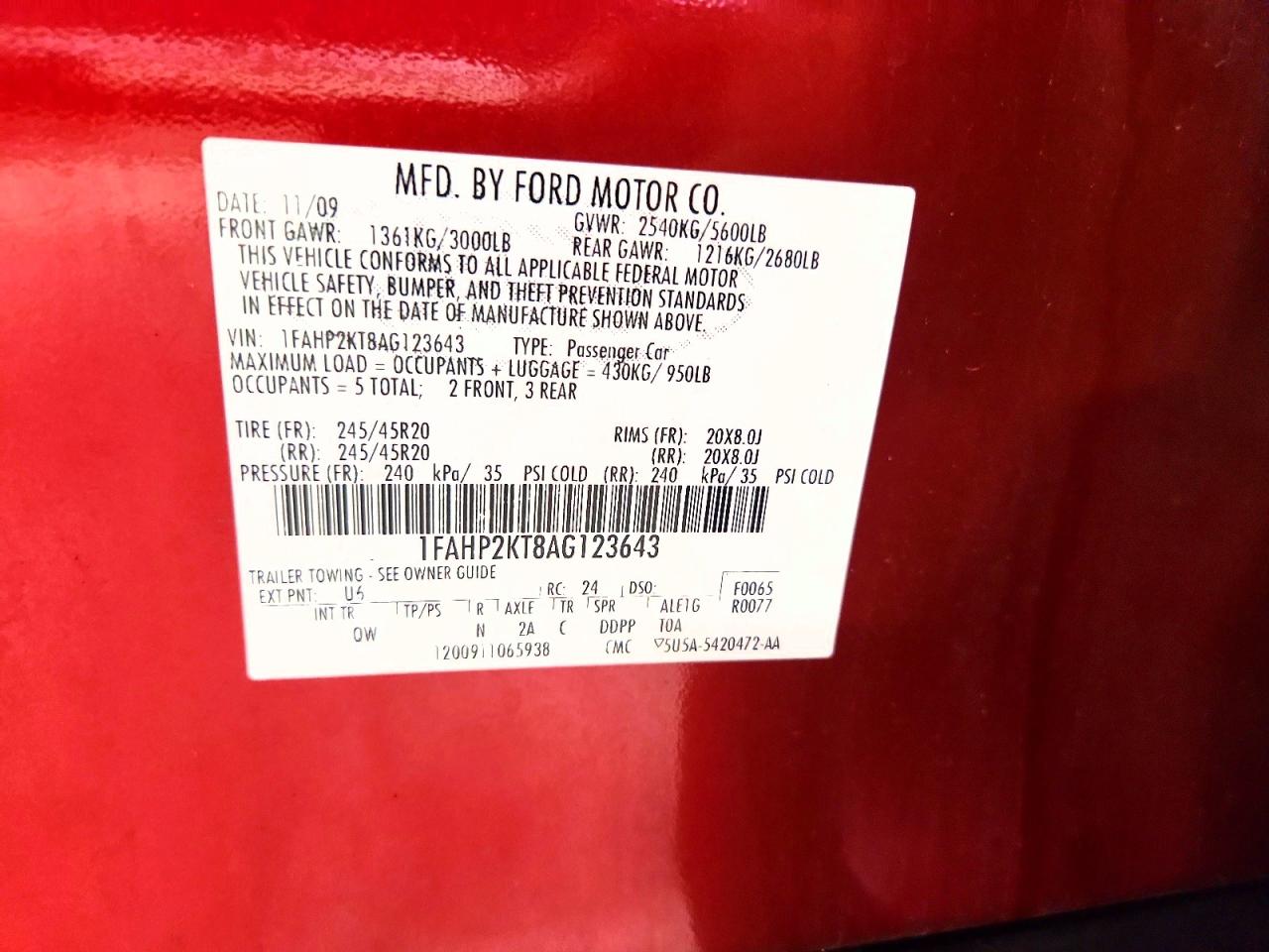 2010 Ford Taurus Sho Red vin: 1FAHP2KT8AG123643