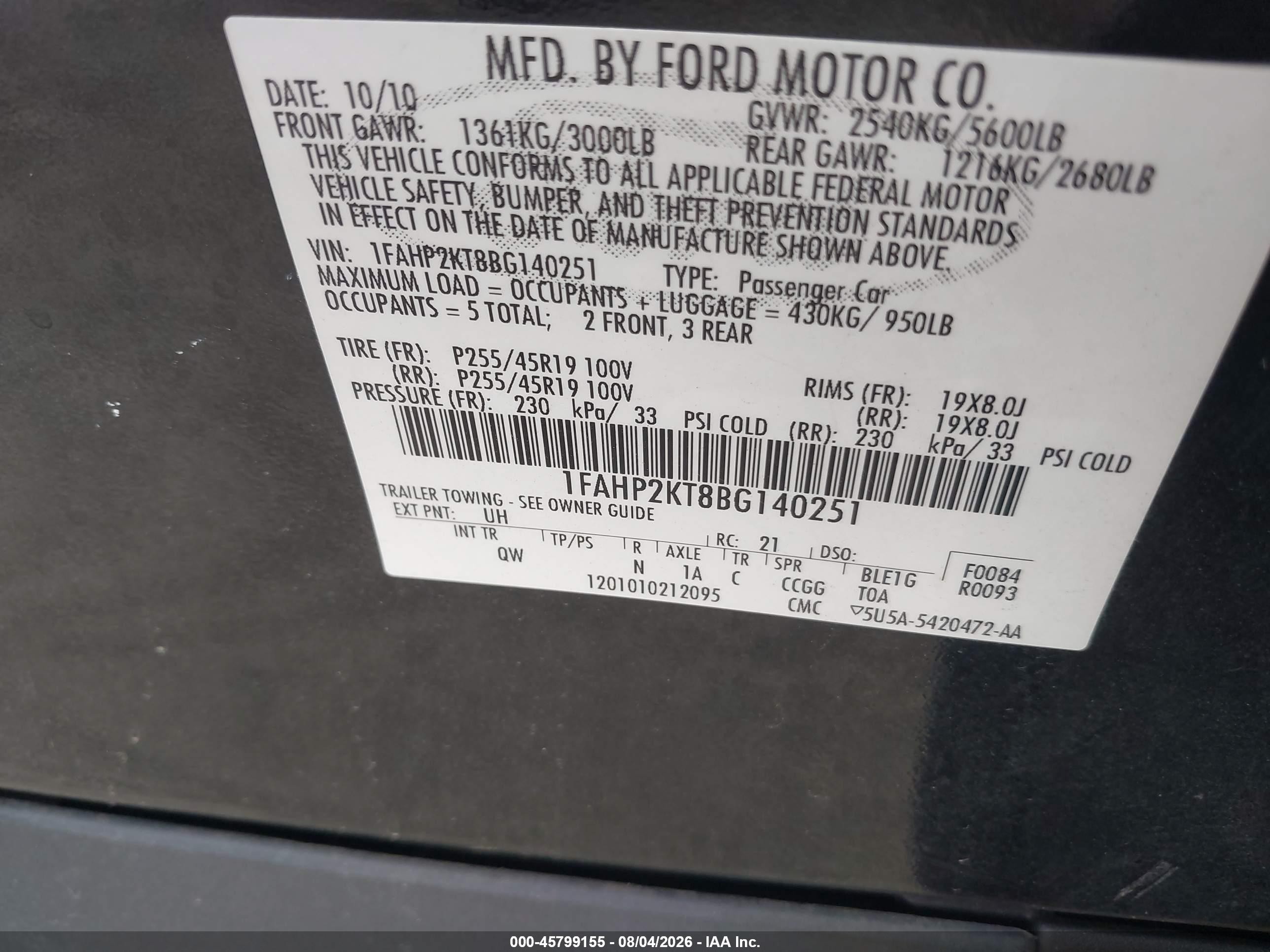 2011 Ford Taurus Sho Black vin: 1FAHP2KT8BG140251