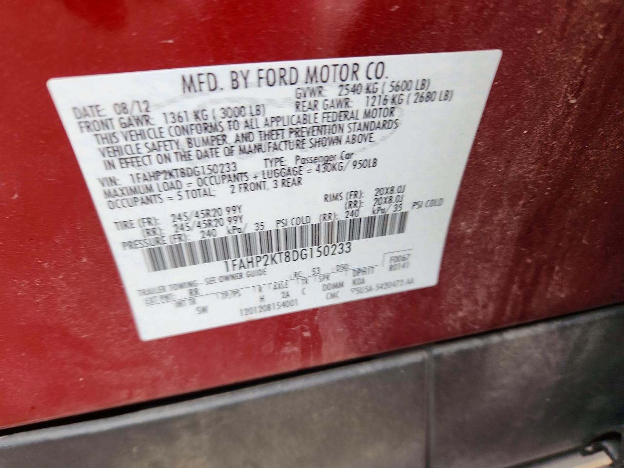 2013 Ford Taurus Sho Красный vin: 1FAHP2KT8DG150233