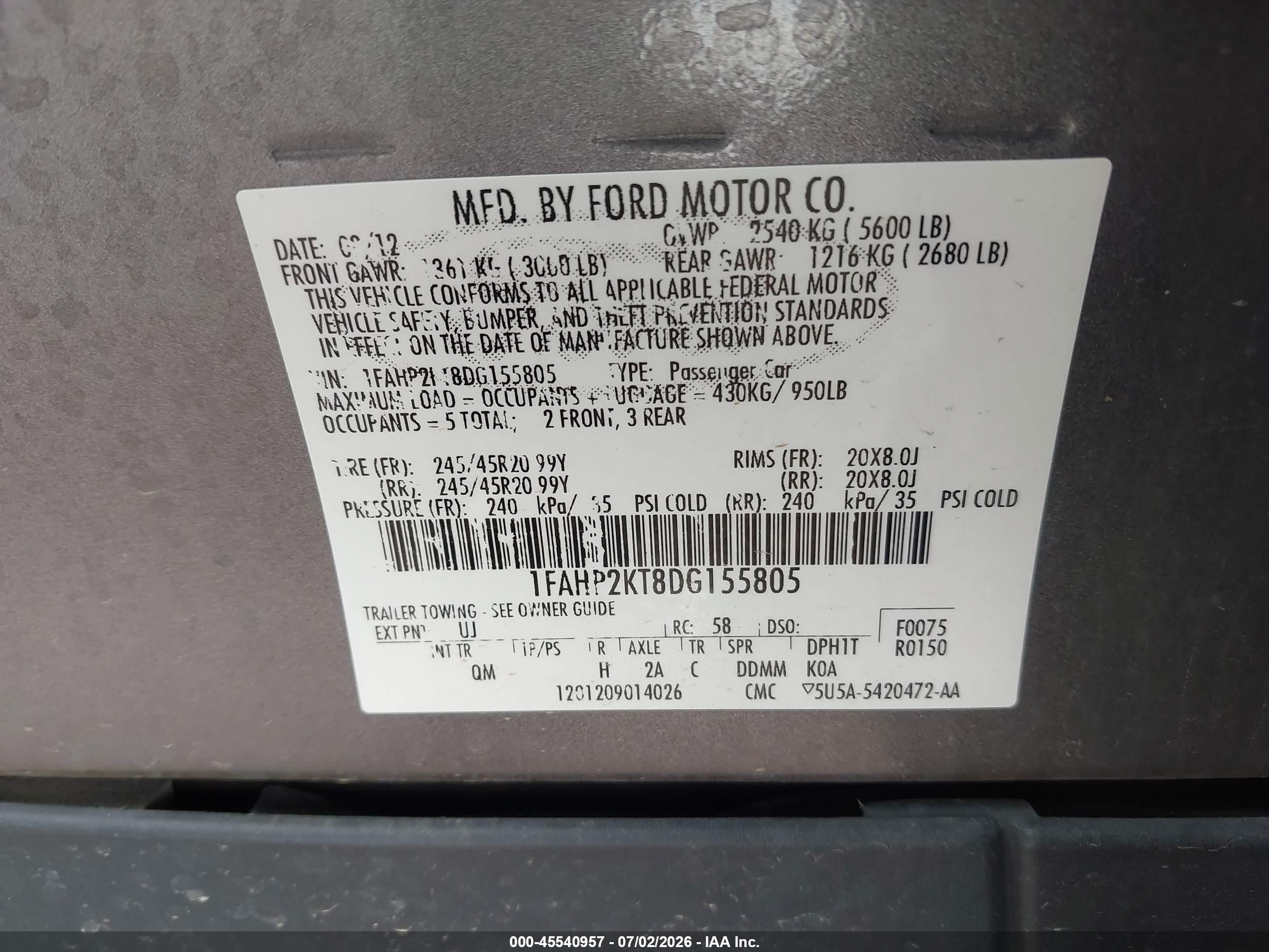 2013 Ford Taurus Sho Gray vin: 1FAHP2KT8DG155805