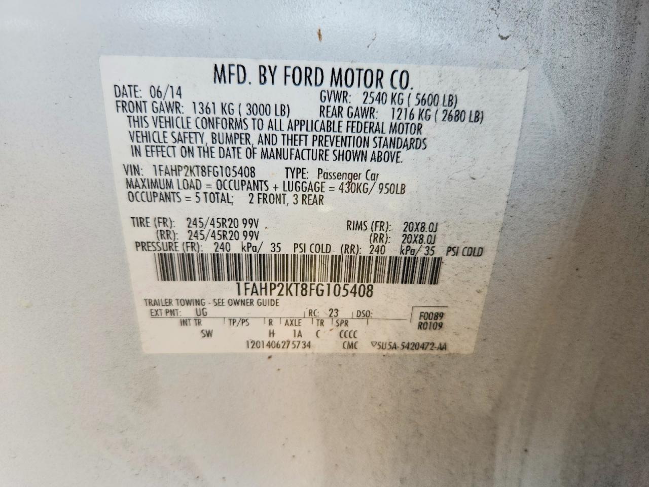 2015 Ford Taurus Sho White vin: 1FAHP2KT8FG105408