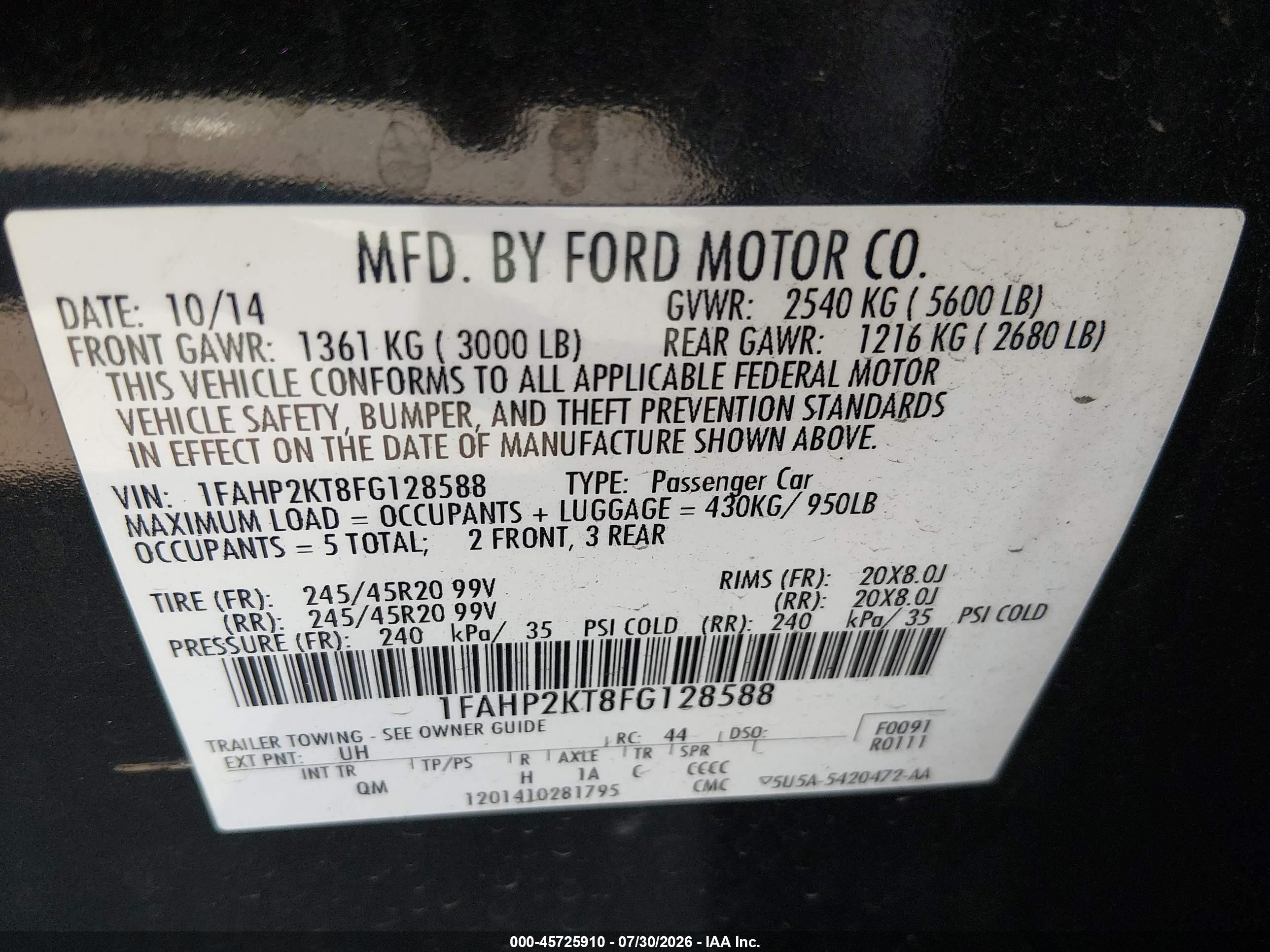 2015 Ford Taurus Sho Black vin: 1FAHP2KT8FG128588
