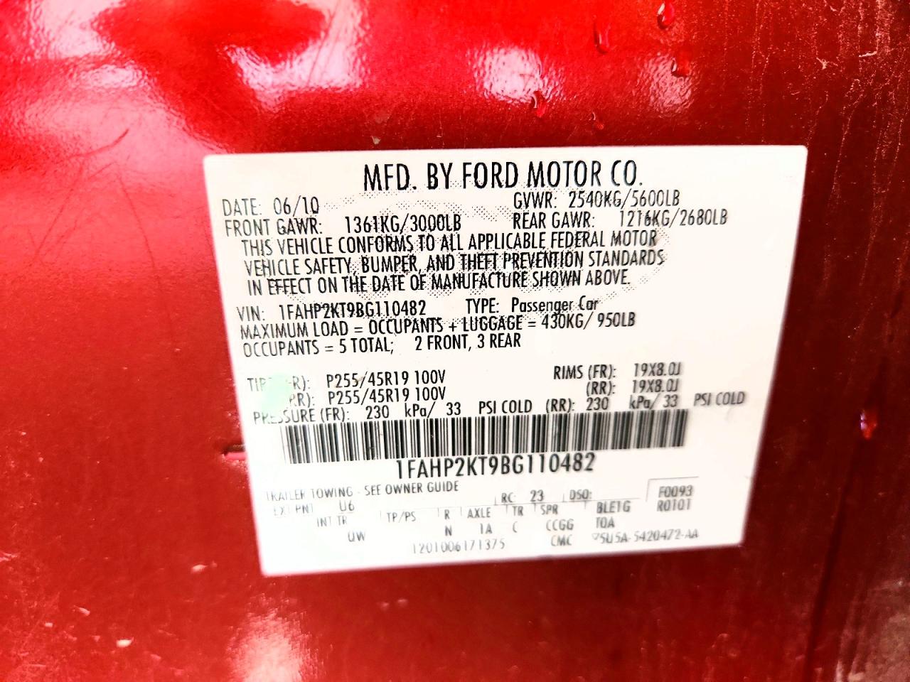 2011 Ford Taurus Sho Red vin: 1FAHP2KT9BG110482