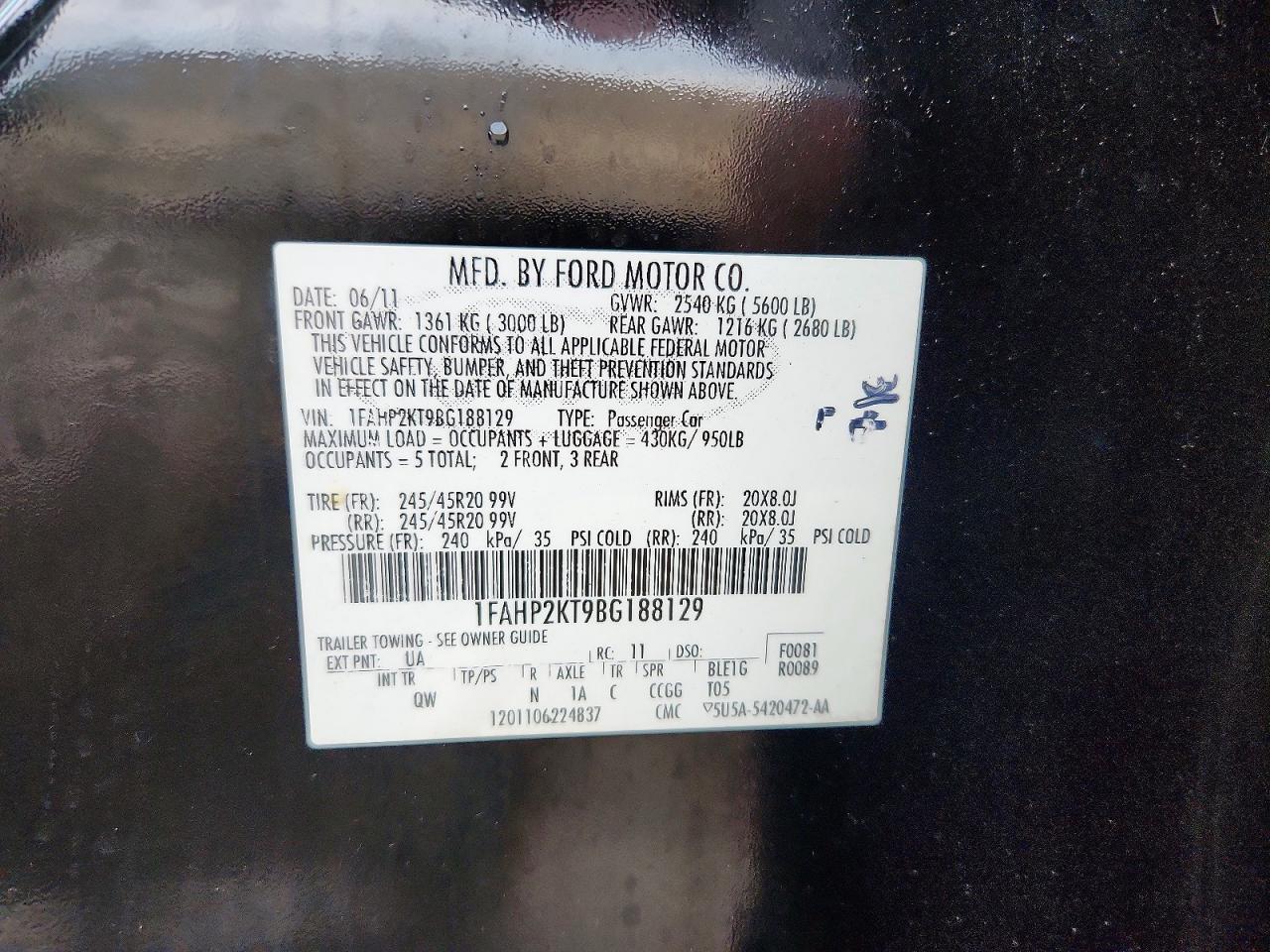 2011 Ford Taurus Sho Black vin: 1FAHP2KT9BG188129