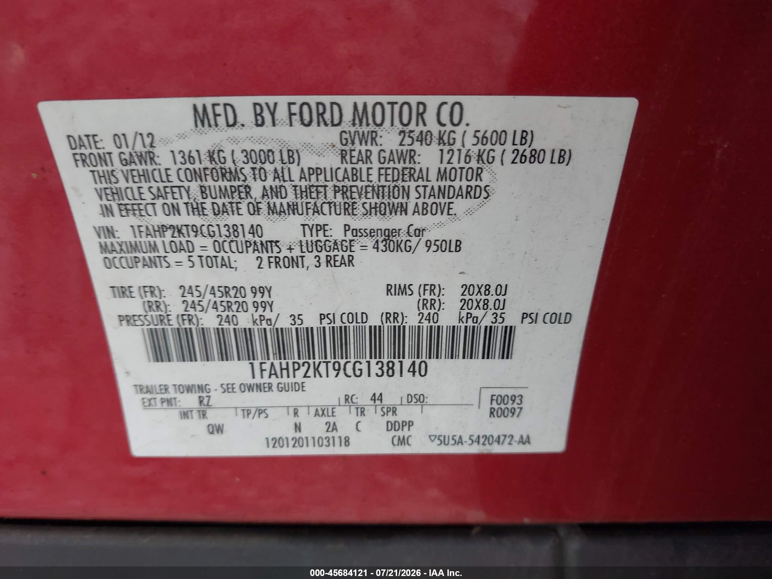 2012 Ford Taurus Sho White vin: 1FAHP2KT9CG138140