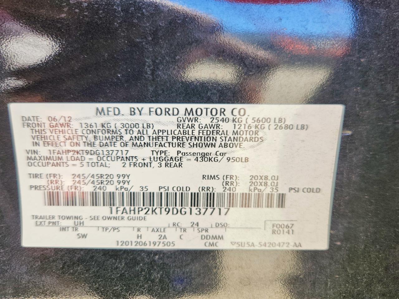 2013 Ford Taurus Sho Black vin: 1FAHP2KT9DG137717
