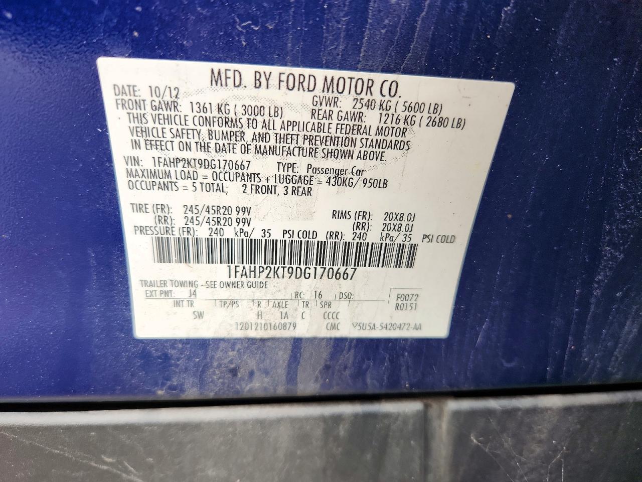 2013 Ford Taurus Sho Blue vin: 1FAHP2KT9DG170667