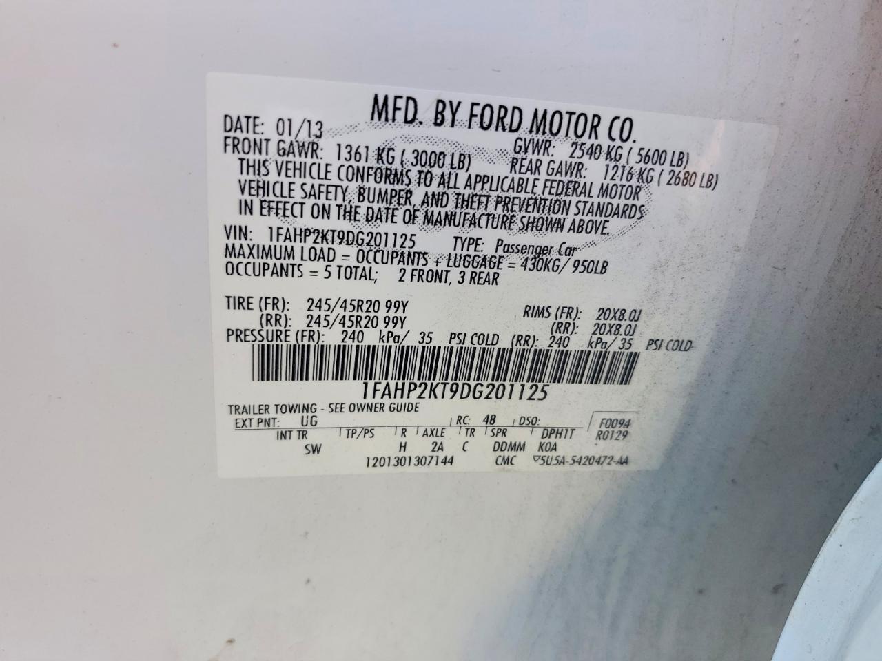 2013 Ford Taurus Sho White vin: 1FAHP2KT9DG201125