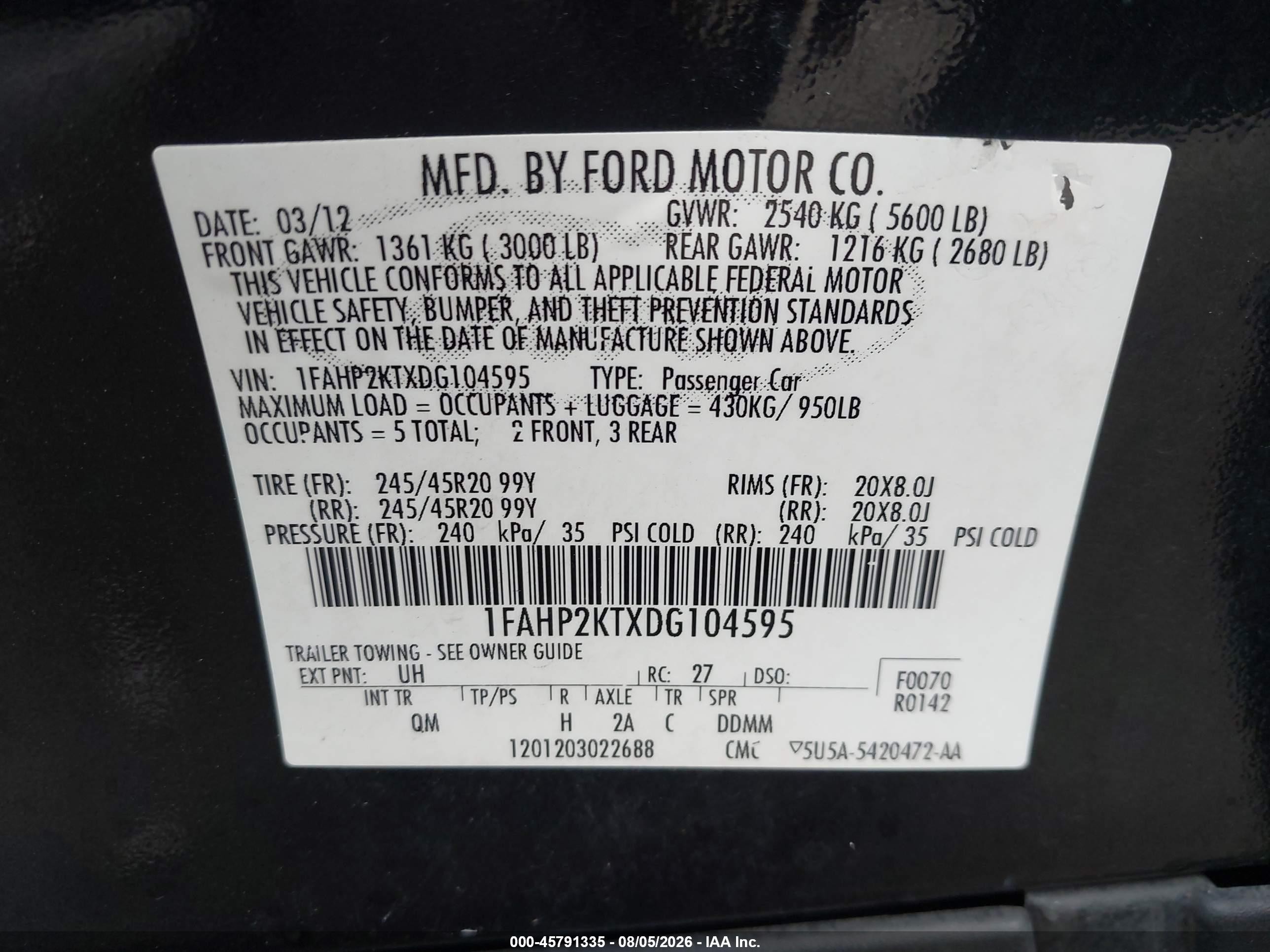 2013 Ford Taurus Sho Black vin: 1FAHP2KTXDG104595