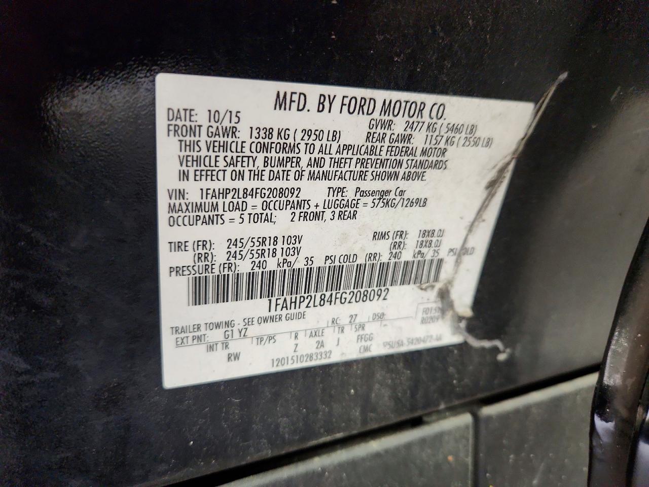 2015 Ford Taurus Police Black vin: 1FAHP2L84FG208092