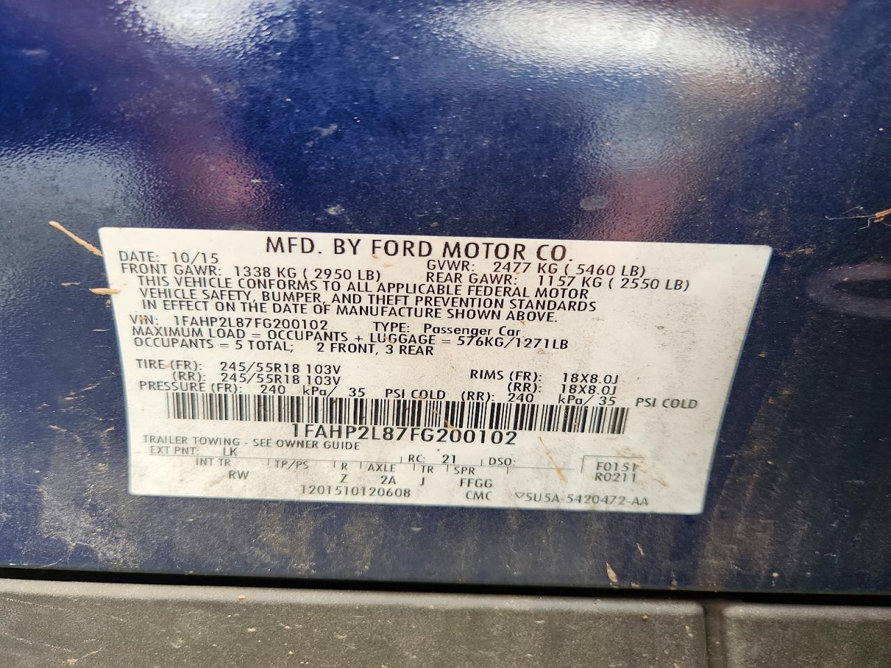 2015 Ford Taurus Police Interceptor Blue vin: 1FAHP2L87FG200102