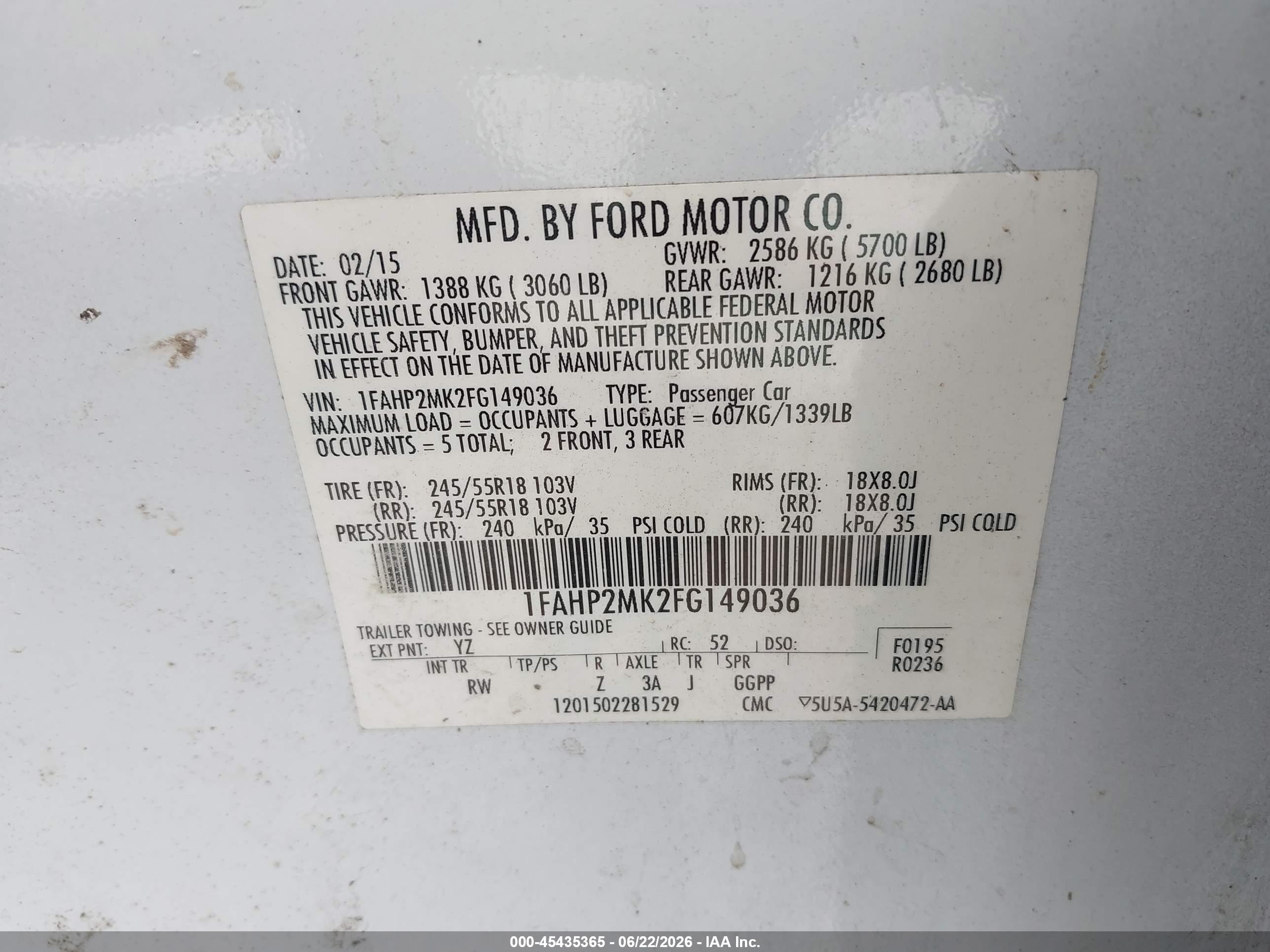 2015 Ford Police Interceptor   White vin: 1FAHP2MK2FG149036