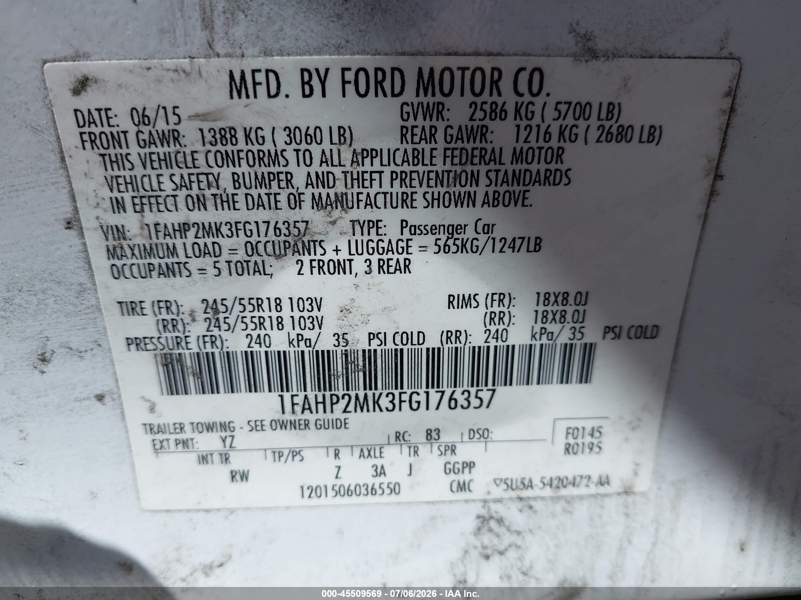 2015 Ford Taurus   White vin: 1FAHP2MK3FG176357