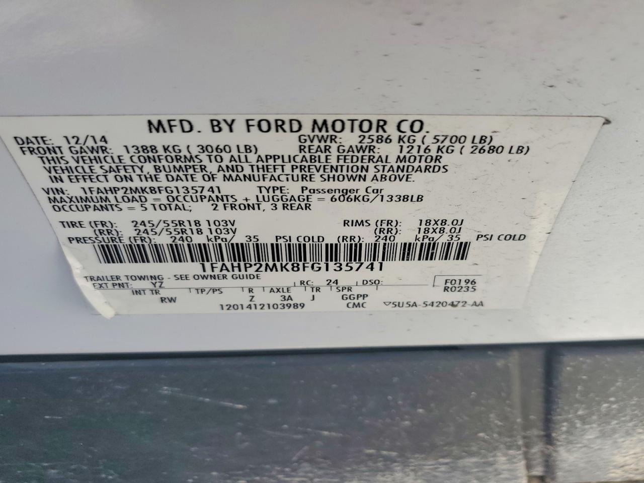 2015 Ford Taurus White vin: 1FAHP2MK8FG135741
