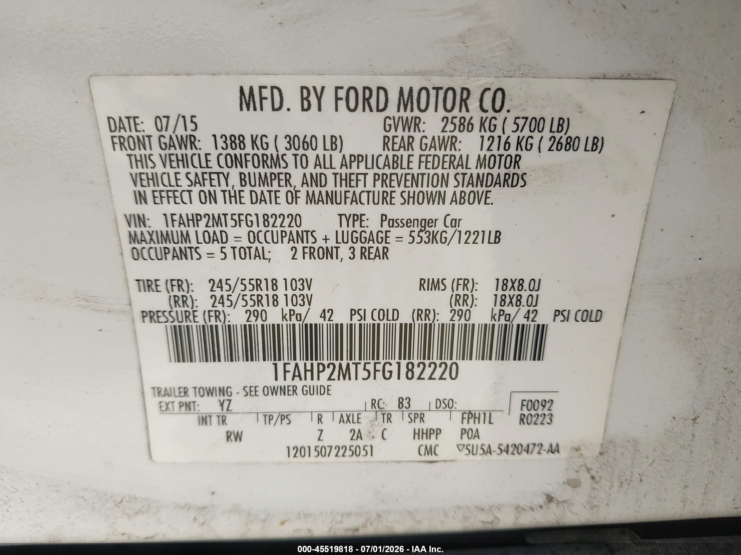 2015 Ford Police Interceptor   White vin: 1FAHP2MT5FG182220