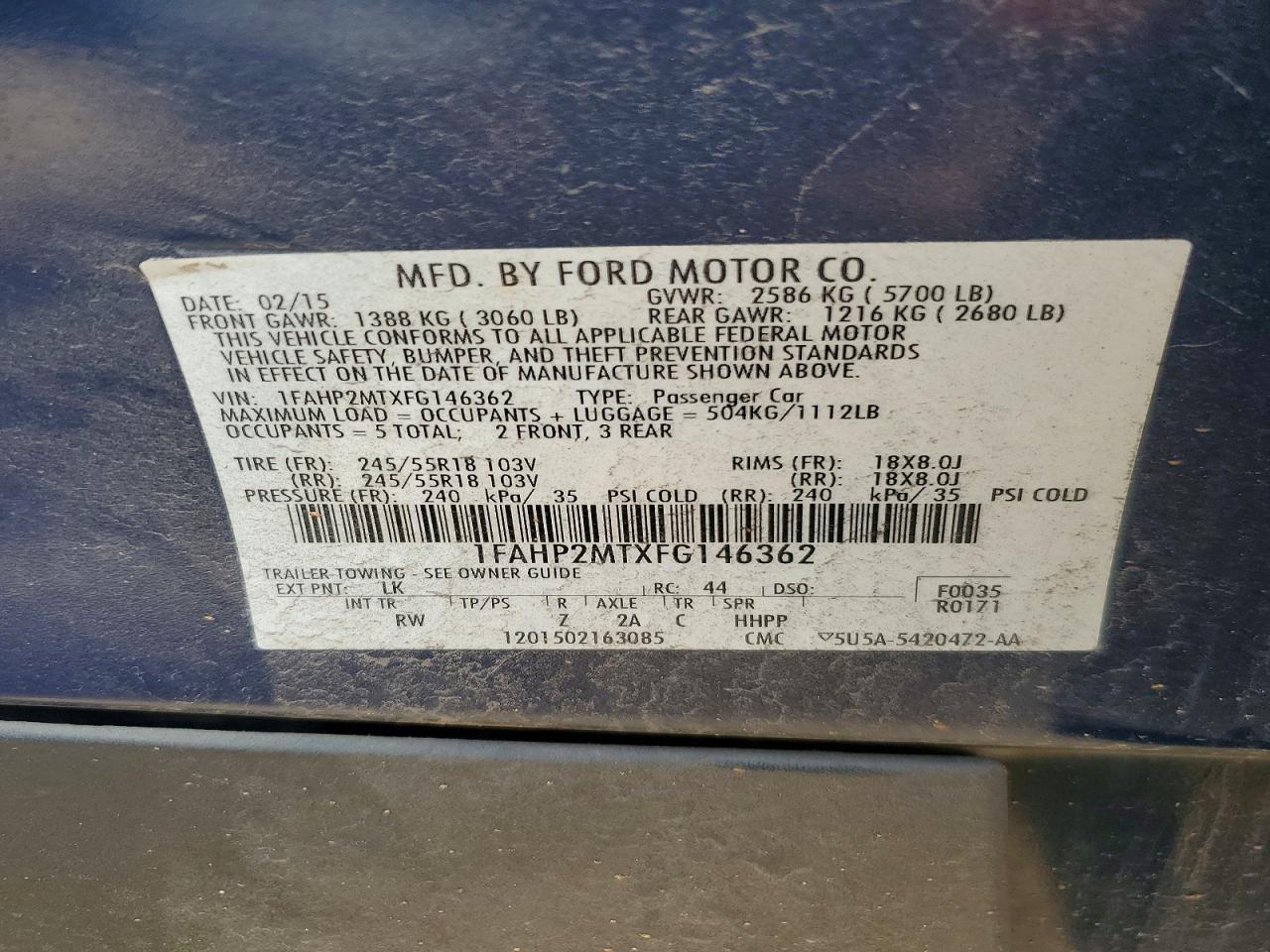 2015 Ford Taurus Police Interceptor Blue vin: 1FAHP2MTXFG146362