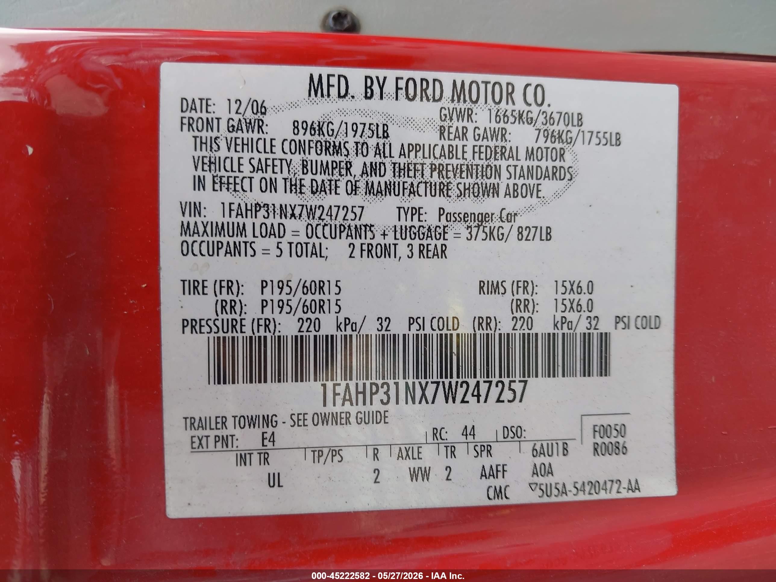 2007 Ford Focus S/se/ses Red vin: 1FAHP31NX7W247257